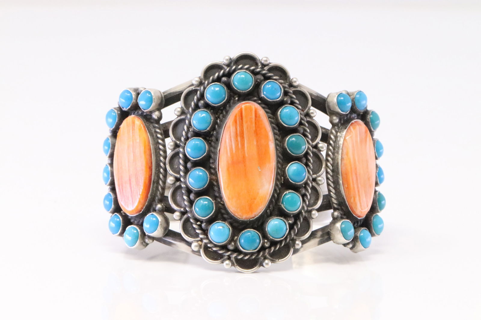 Native America Navajo Sterling Silver Spiny Oyster & Kingman Turquoise Bracelet Cuff By L.B. (1 of 4)