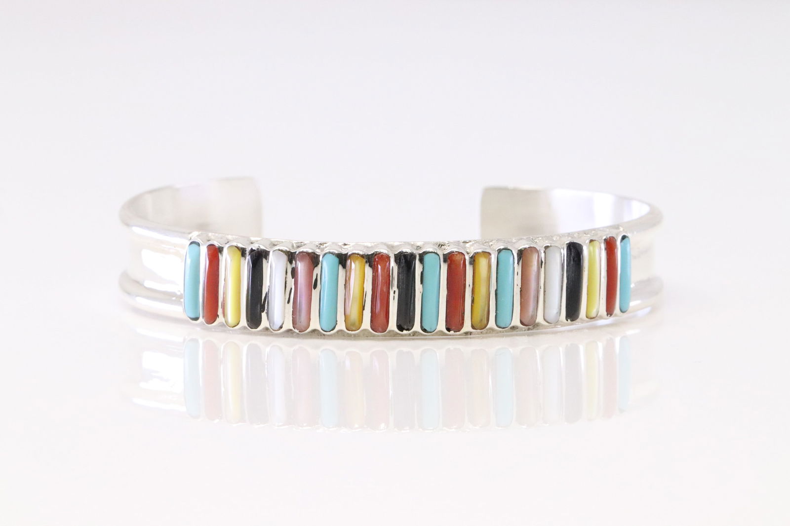 Native American Zuni Sterling Silver Multi-Color Stone Inlay Bracelet By L.S. (1 of 4)