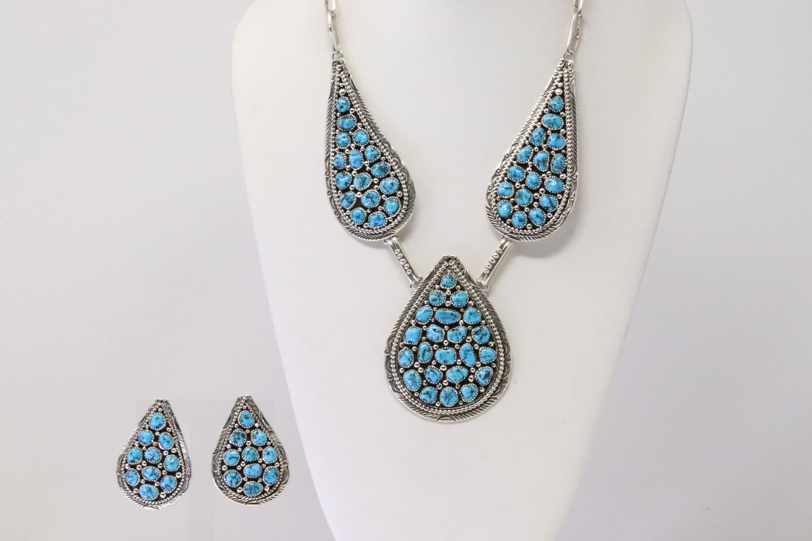 Native America Navajo Sterling Silver Turquoise Necklace & Earring's Set By M.H. (1 of 5)