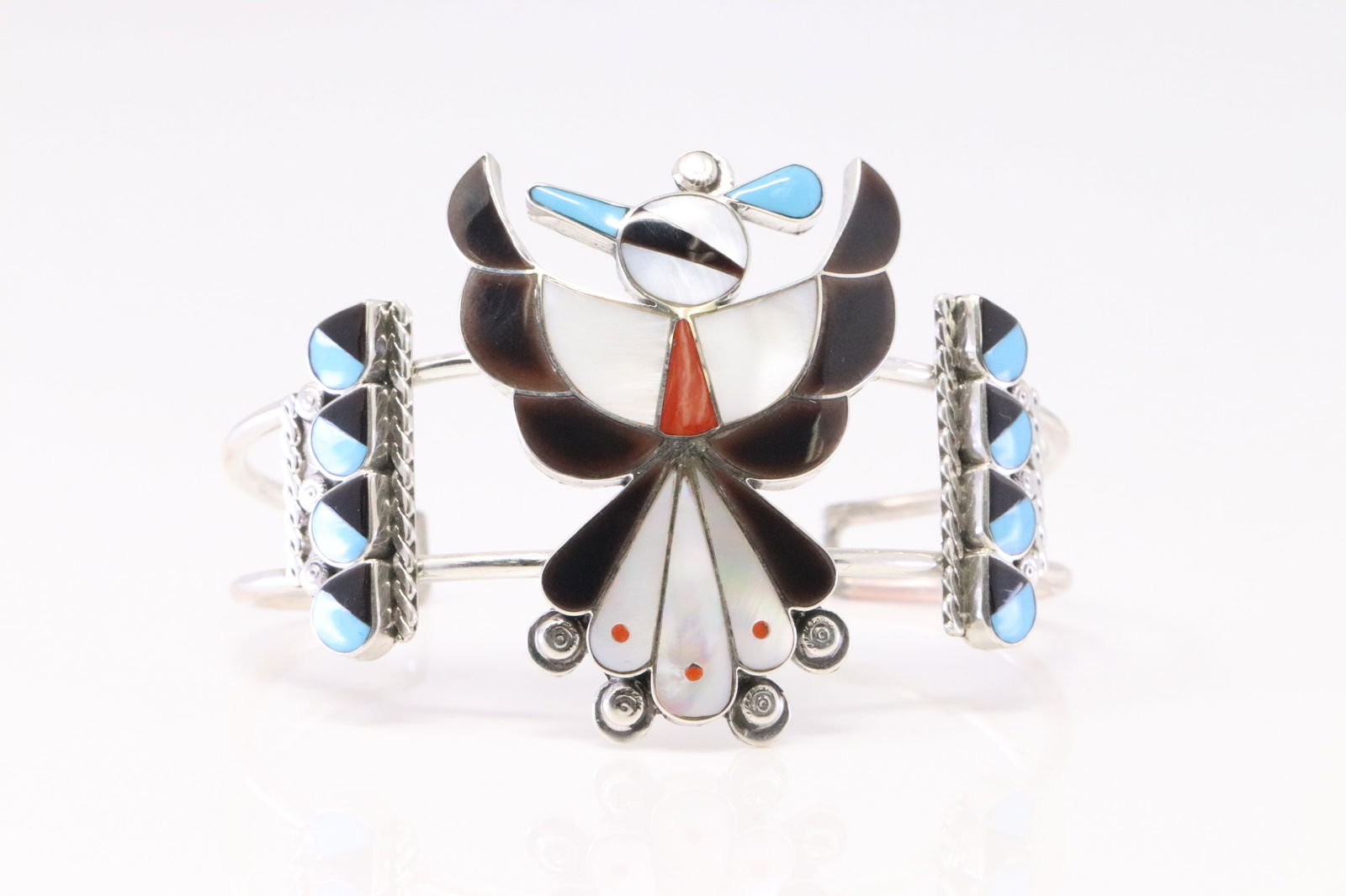 Native America Zuni Sterling Silver Multi-Color Stone Inlay Thunderbird Bracelet By L.Ahiyite. (1 of 4)