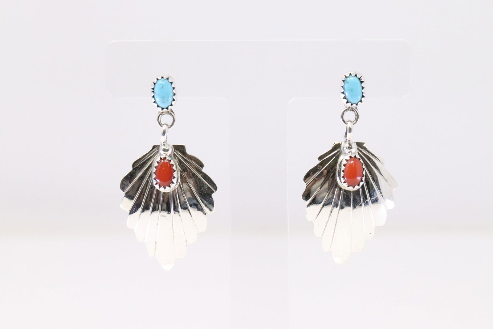Native American Navajo Sterling Silver Coral & Turquoise Leaf Post Earring's By Genevieve Francisco. (1 of 4)