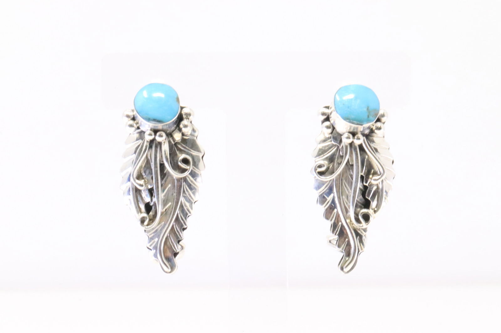 Native American Navajo Sterling Silver Turquoise Leaf Post Earring's By Gilbert Smith. (1 of 4)