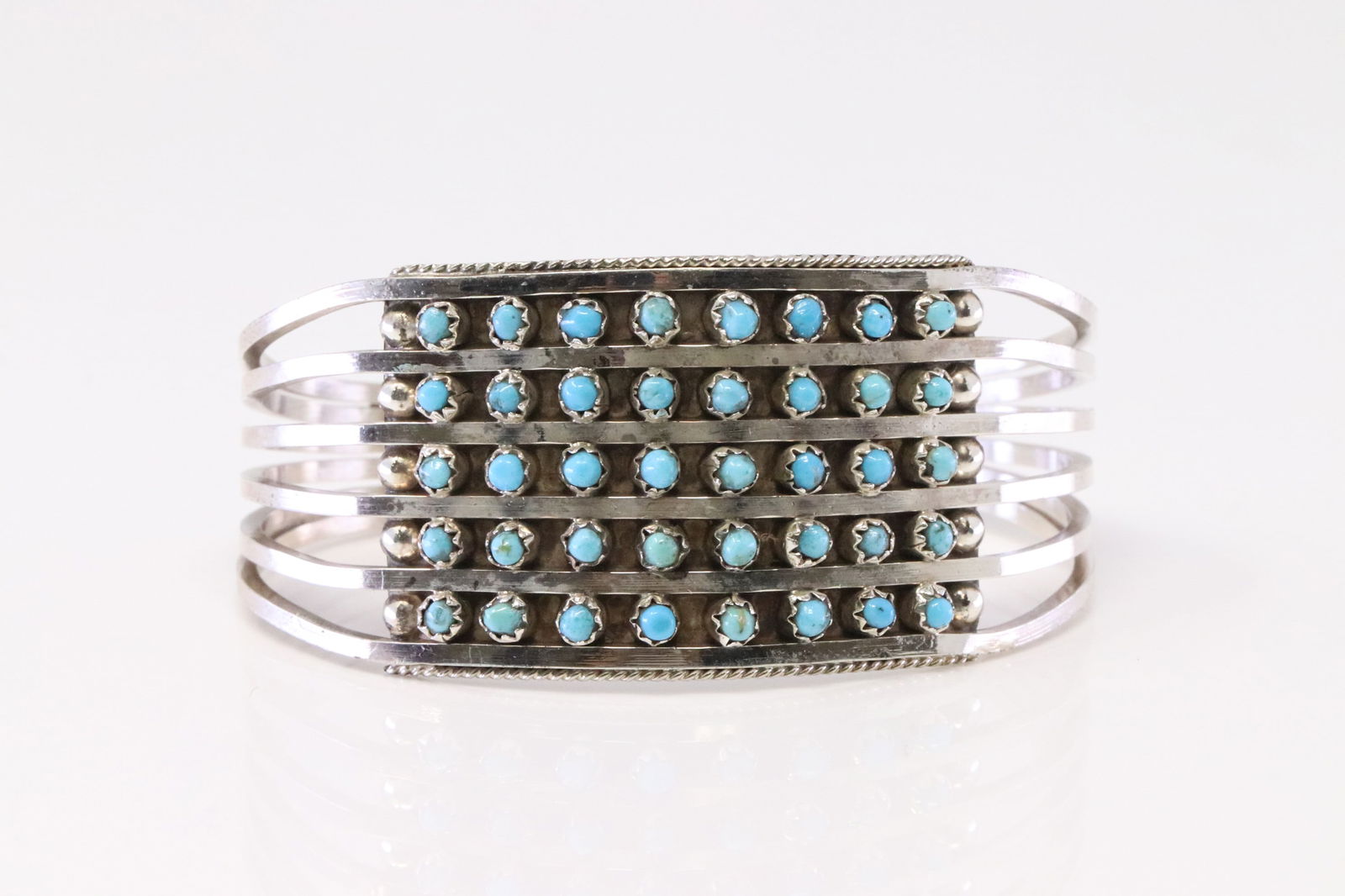 Native American Zuni Sterling Silver 5 Row Turquoise Bracelet By Cuff S.L. (1 of 4)