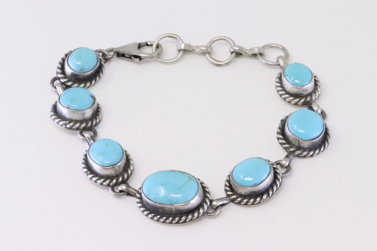 Native America Navajo Sterling Silver Kingman Turquoise Bracelet Link By Augustine Largo. (1 of 4)