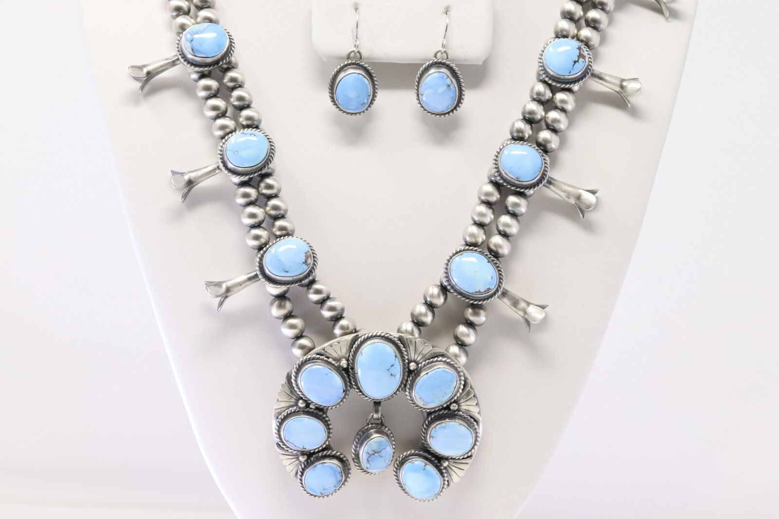 Native American Navajo Sterling Silver Golden Hills Turquoise Squash Blossom Necklace & Earring's (1 of 9)