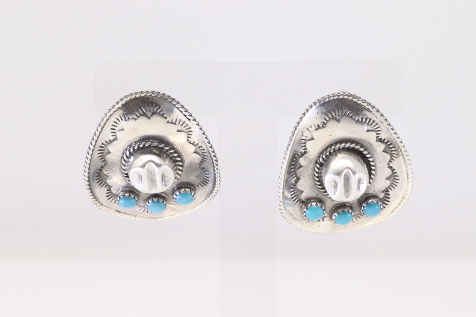 Native America Navajo Sterling Silver Turquoise Hat Cowboy Post Earring's By Bobby Platero.: This is a Native America Navajo Sterling Silver Turquoise Hat Cowboy Post Earring's By Bobby Platero.