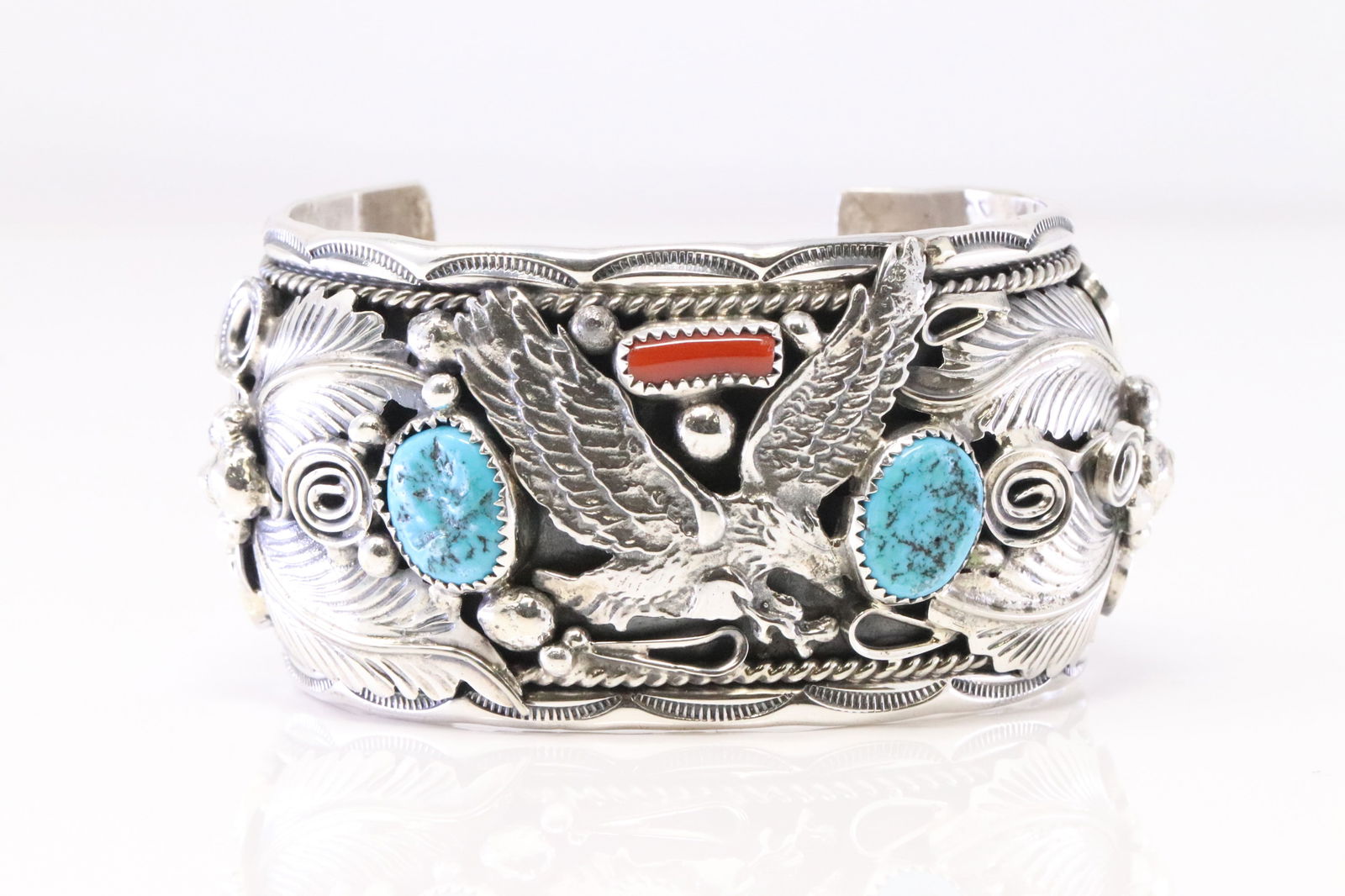 Native America Navajo Sterling Silver Coral & Turquoise Bracelet Cuff By M.Thomas Jr. (1 of 5)