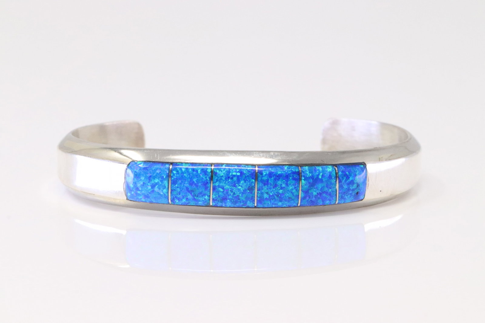 Native America Navajo Sterling Silver Blue Opal Inlay Bracelet By M.: This is a Native America Navajo Sterling Silver Blue Opal Inlay Bracelet By M.