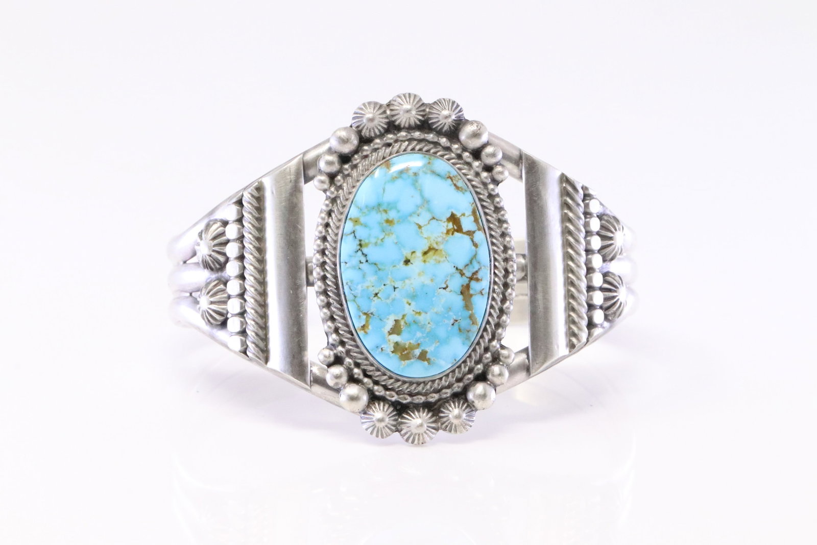 Native American Navajo Sterling Silver Kingman Turquoise Bracelet Cuff By Tom Lewis.: This is a Native American Navajo Sterling Silver Kingman Turquoise Bracelet Cuff By Tom Lewis.