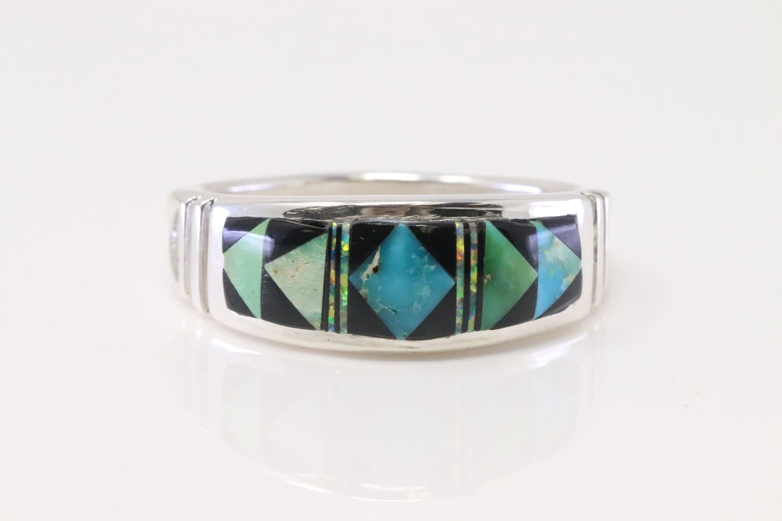 Native America Navajo Sterling Silver Multi-Color Inlay Ring By Rick T.: This is a Native America Navajo Sterling Silver Multi-Color Inlay Ring By Rick T. Ring size: 13.25.