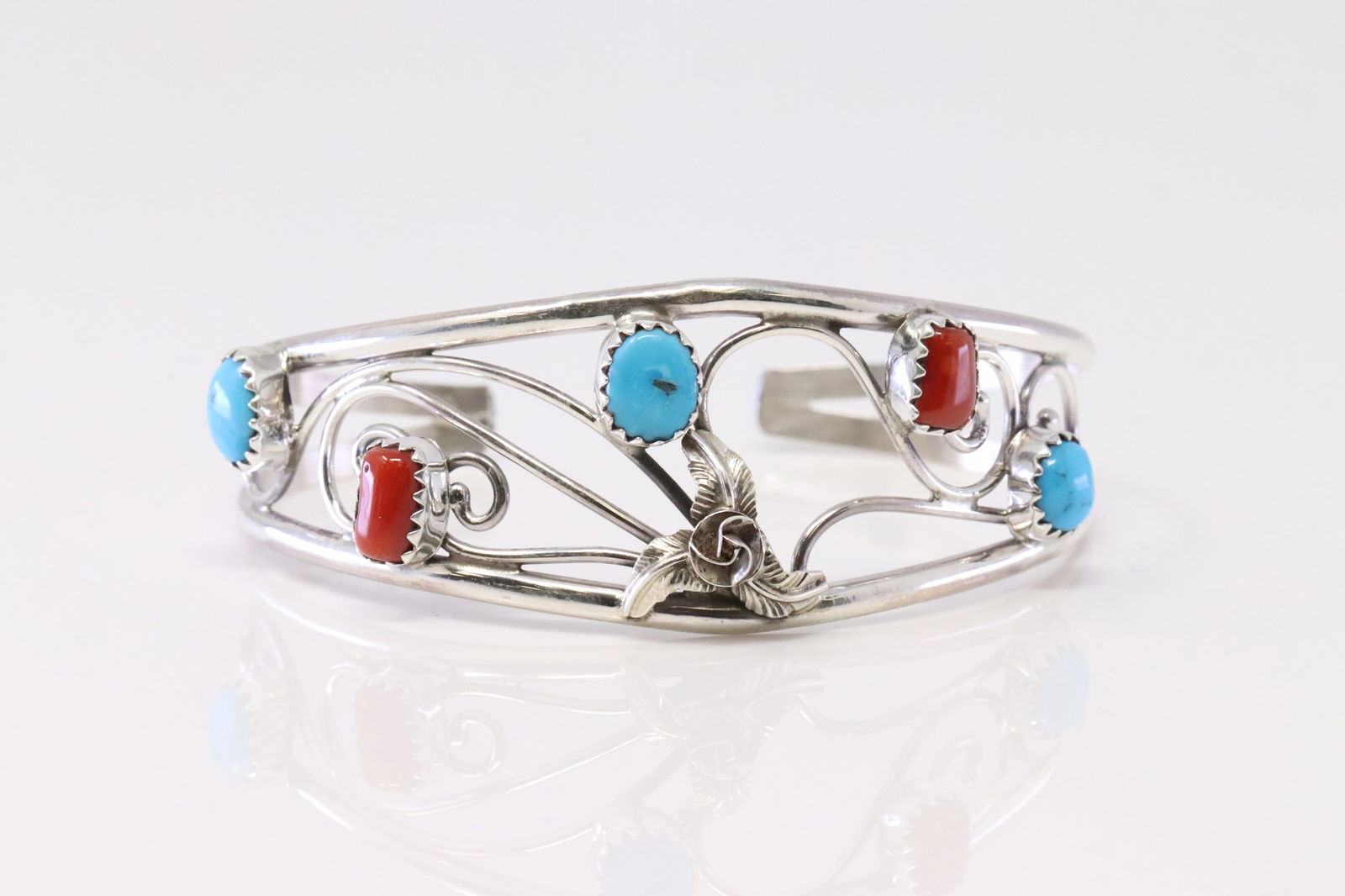 Native America Navajo Sterling Silver Coral & Turquoise Bracelet Cuff By C. (1 of 4)