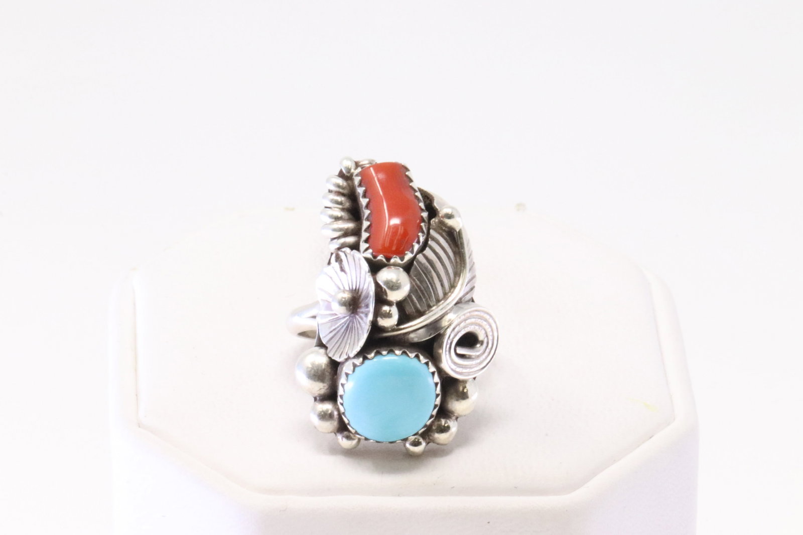 Native American Navajo Sterling Silver Coral & Turquoise Ring By Max C.: This is a Native American Navajo Sterling Silver Coral & Turquoise Ring By Max C. Ring size: 6.75.