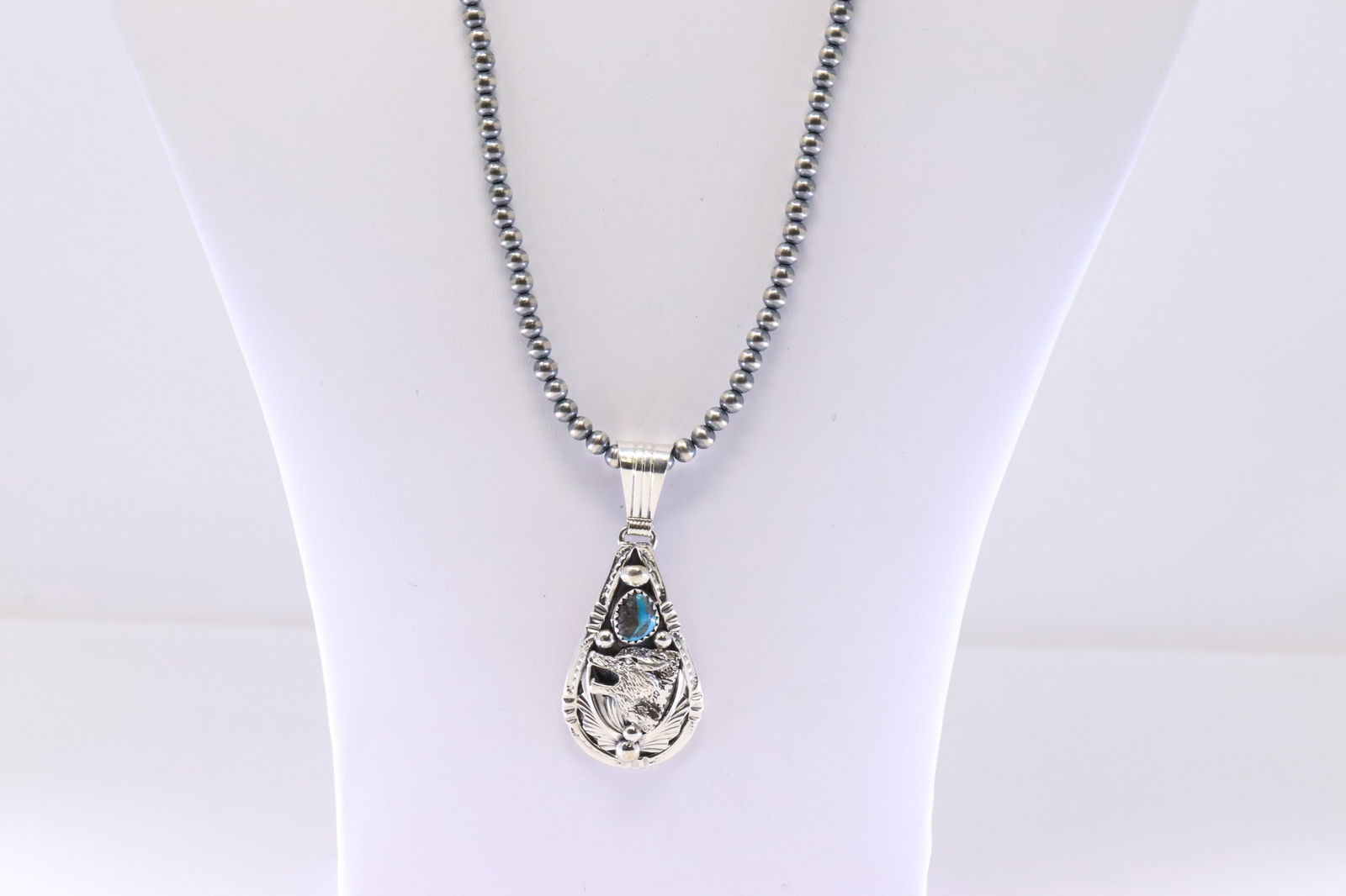 Native America Navajo Sterling Silver Turquoise Wolf Pendant By Henry Attakai. With Pearl Beaded (1 of 4)