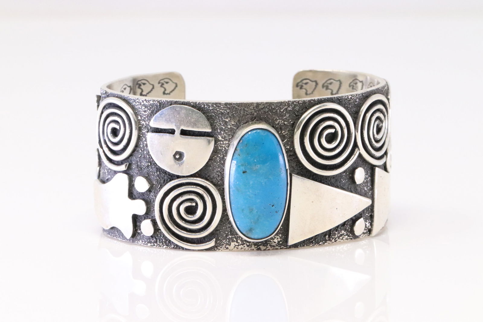 Native America Navajo Sterling Silver Turquoise Petroglyph Bracelet By Alex Sanchez. (1 of 4)