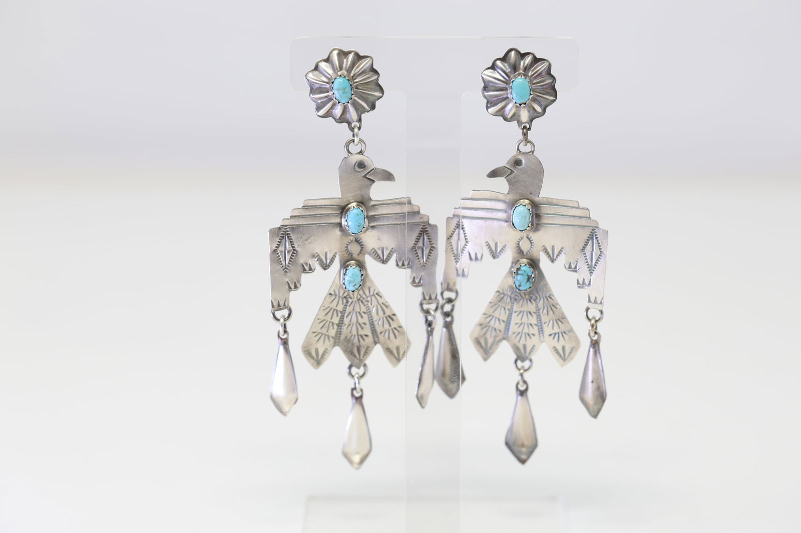 Native America Navajo Sterling Silver Turquoise Bird Post / Dangling Earring's By L.J.C. (1 of 4)