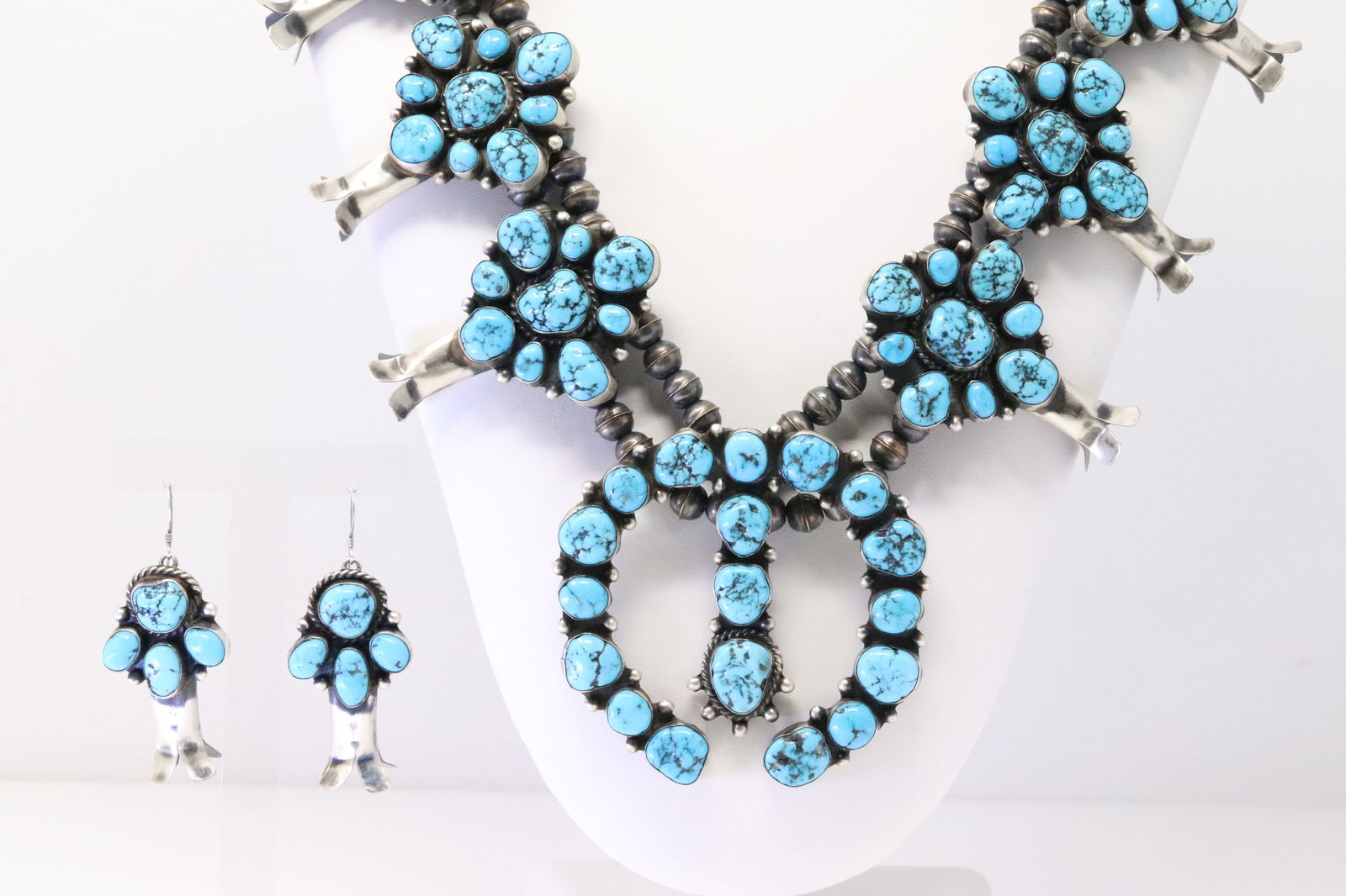 Native American Navajo Sterling Silver Turquoise Squash Blossom Necklace & Earring's Set By W.D. (1 of 8)