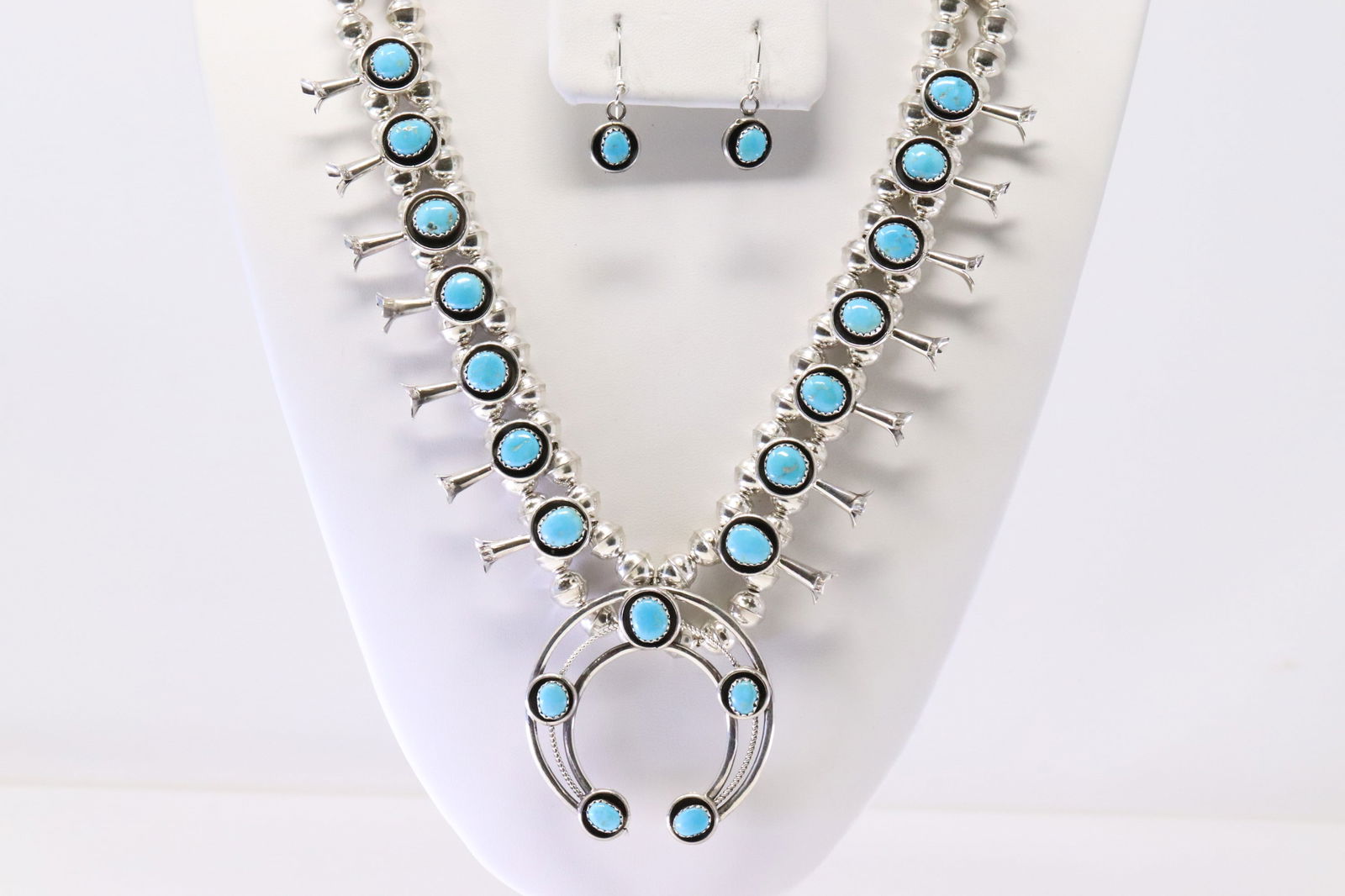 Native America Navajo Sterling Silver Turquoise Mini Squash Blossom Necklace & Earring's set By P.G. (1 of 6)