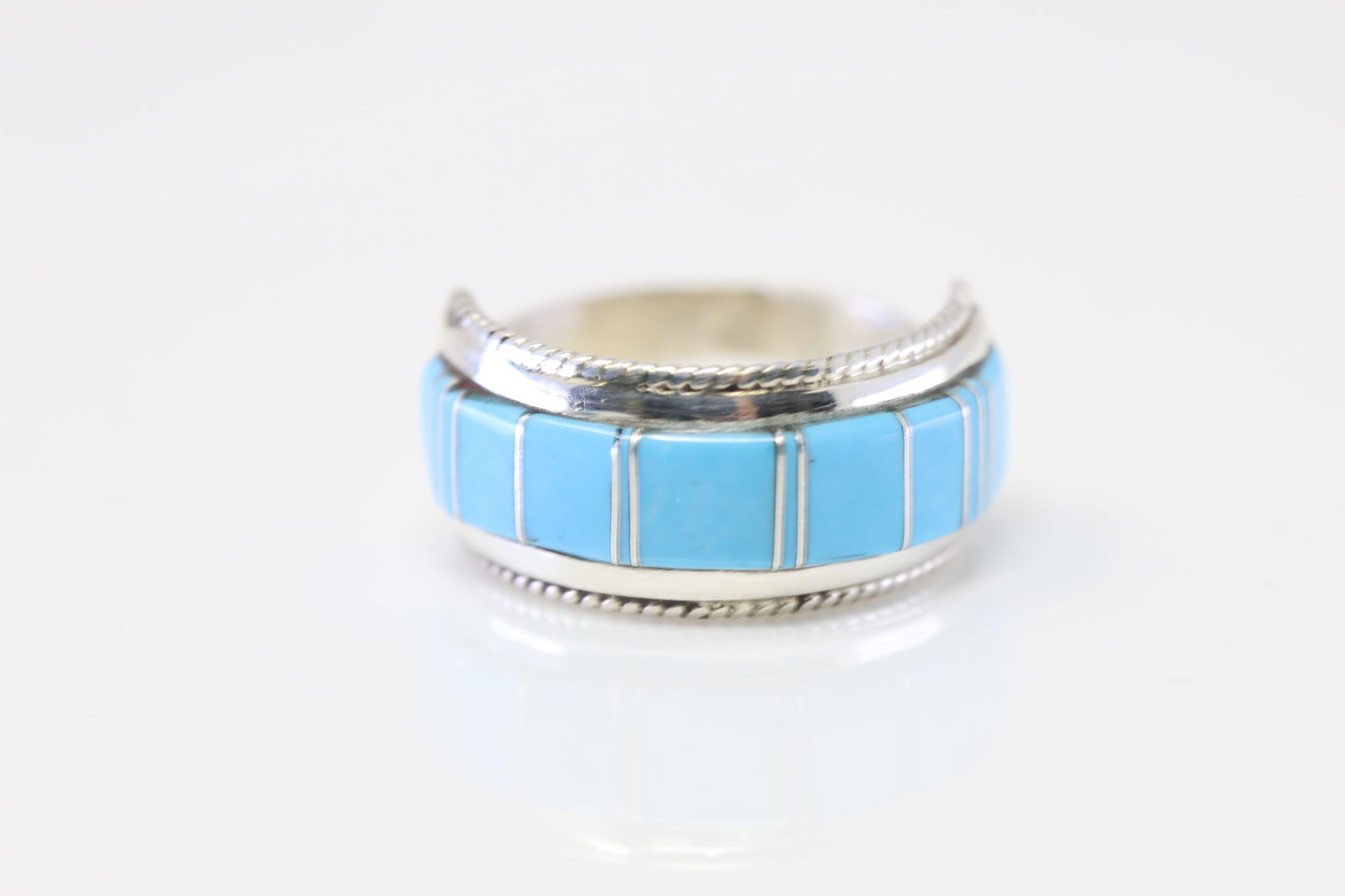 Native America Zuni Sterling Silver Turquoise Inlay Ring By D.Panteal. (1 of 4)
