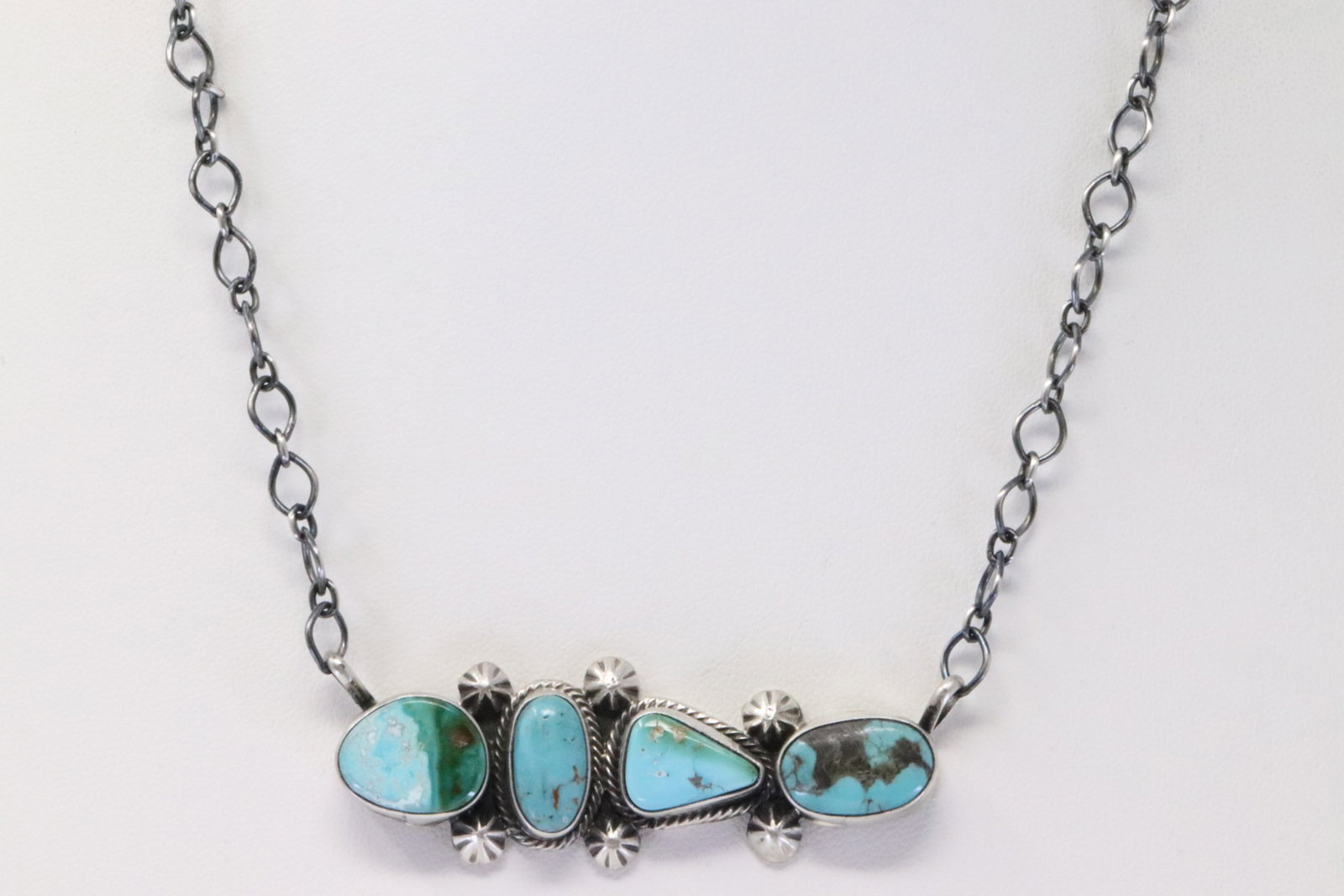 Native America Navajo Sterling Silver Turquoise Necklace By JJ.: This is a Native America Navajo Sterling Silver Turquoise Necklace By JJ. Necklace length: 16.00"