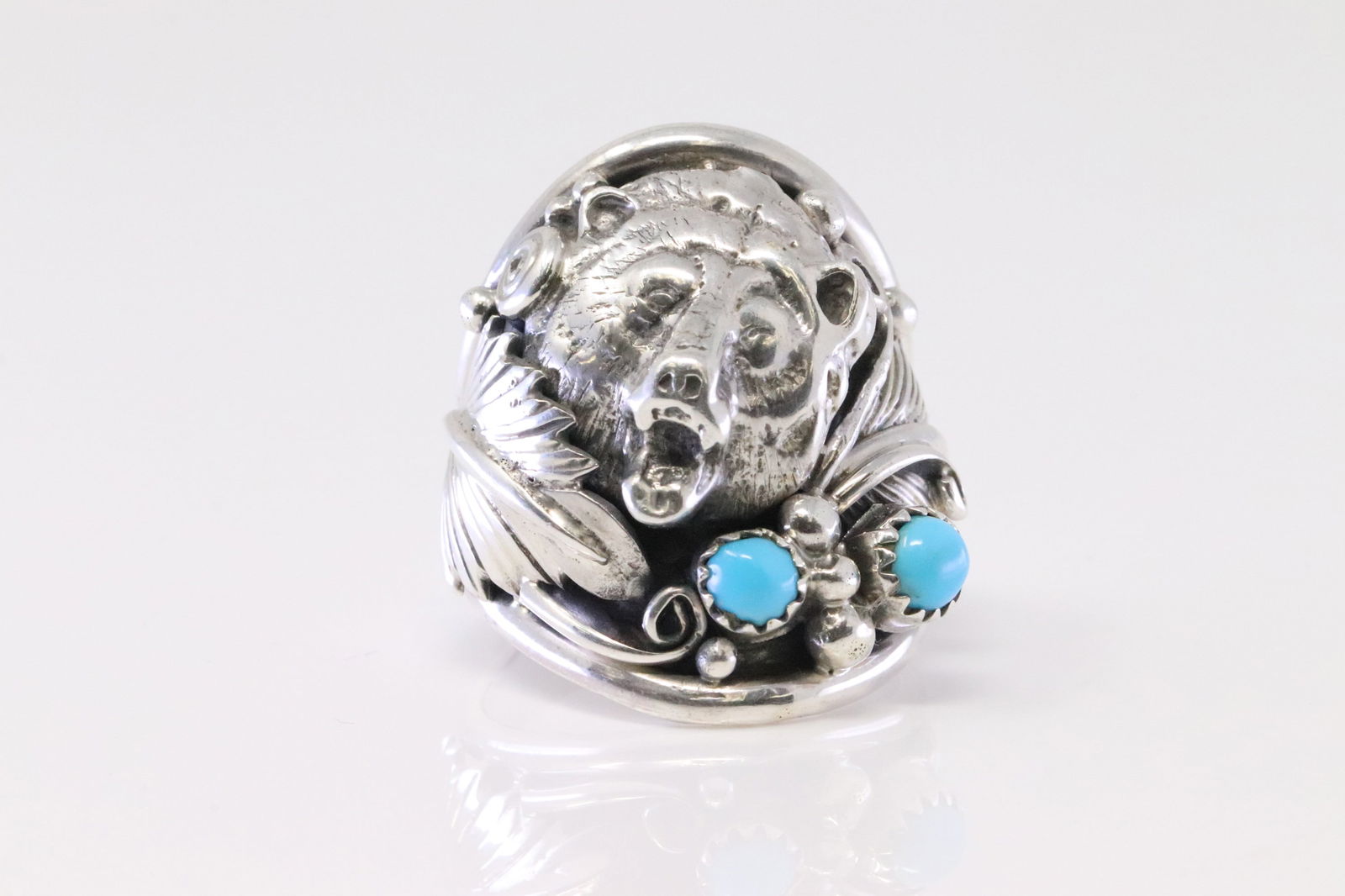Native America Navajo Sterling Silver Turquoise Bear Ring By R.B. (1 of 4)