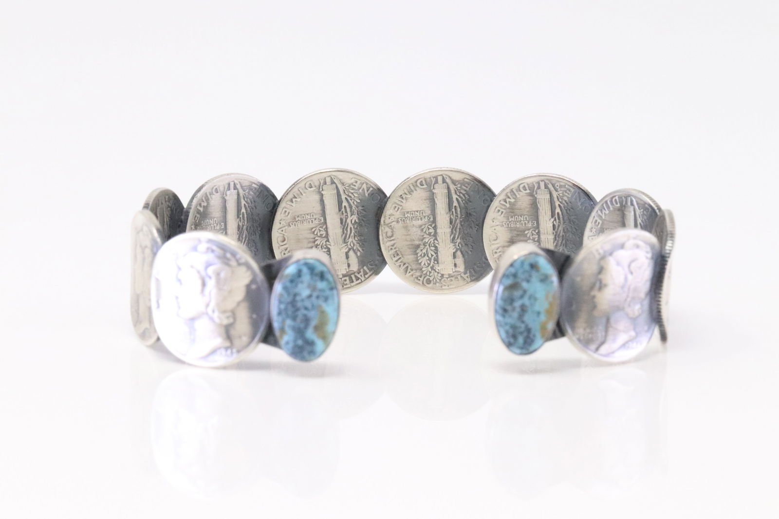 Native America Navajo Sterling Silver Mercury Dime Bracelet Cuff By James McCabe. (1 of 4)