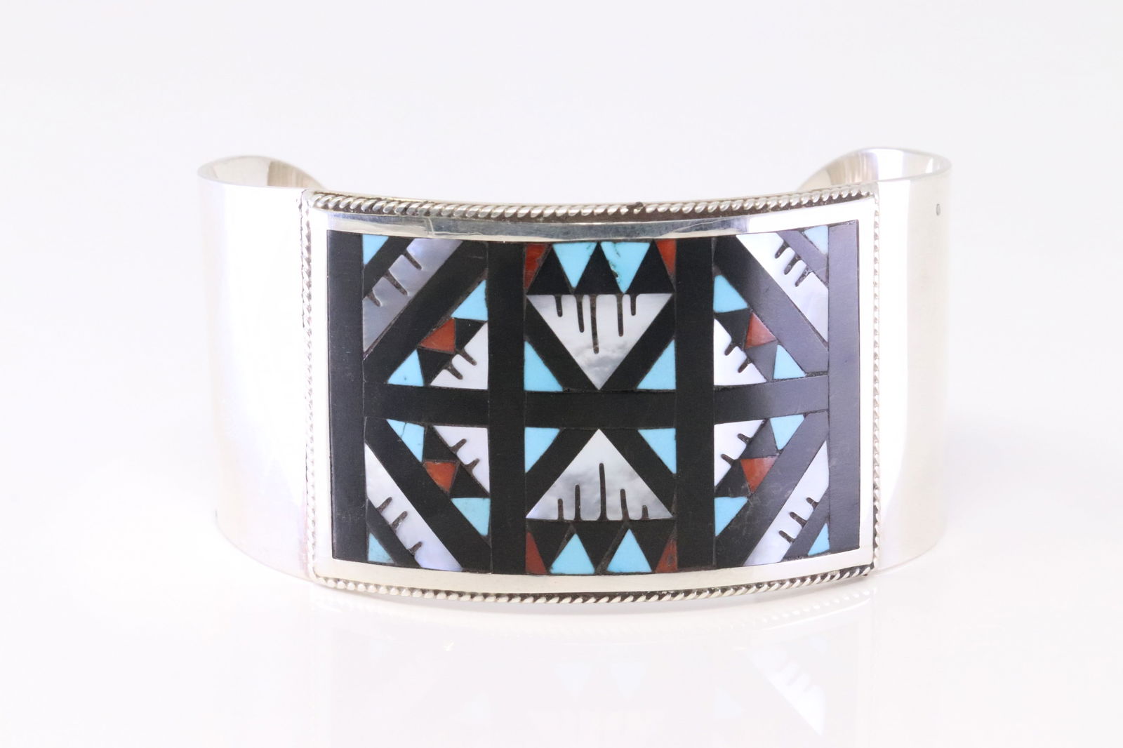 Native American Zuni Sterling Silver Multi-Color Inlay Bracelet By Leander Othole. (1 of 4)