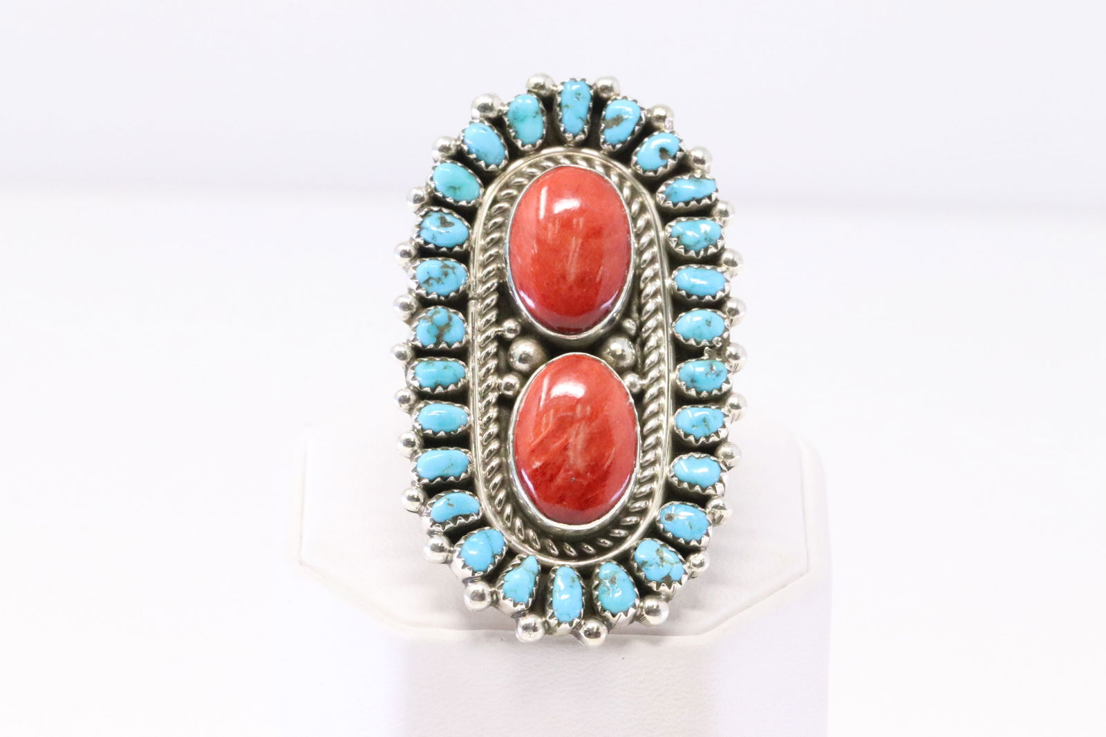 Native America Navajo Sterling Silver Spiny Oyster & Turquoise Ring By T.J. (1 of 4)