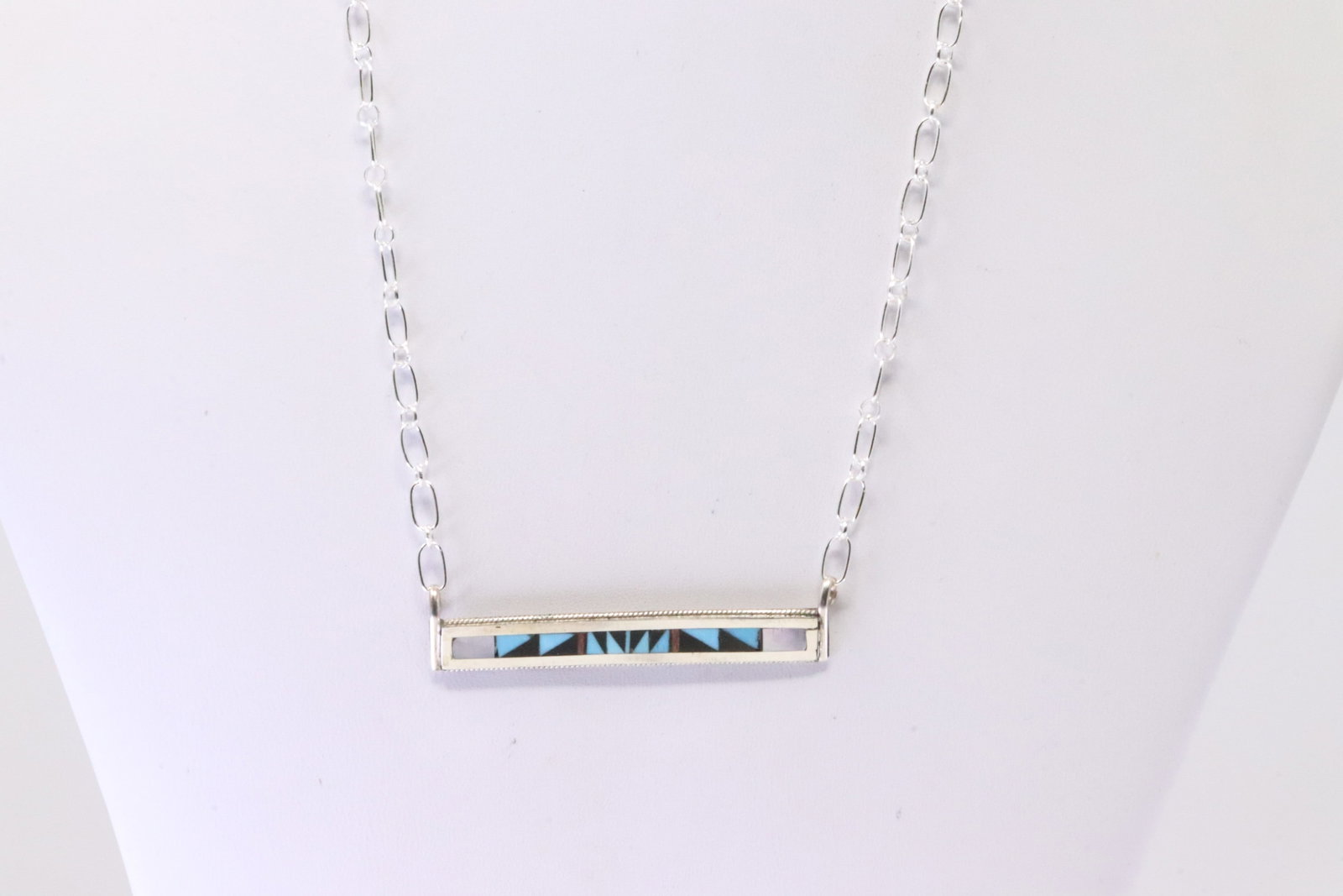 Native America Zuni Sterling Silver Multi-Color Inlay Necklace By Phil & Rachel Weahkee.: This is a Native America Zuni Sterling Silver Multi-Color Inlay Necklace By Phil & Rachel Weahkee. Necklace length: 16.00"