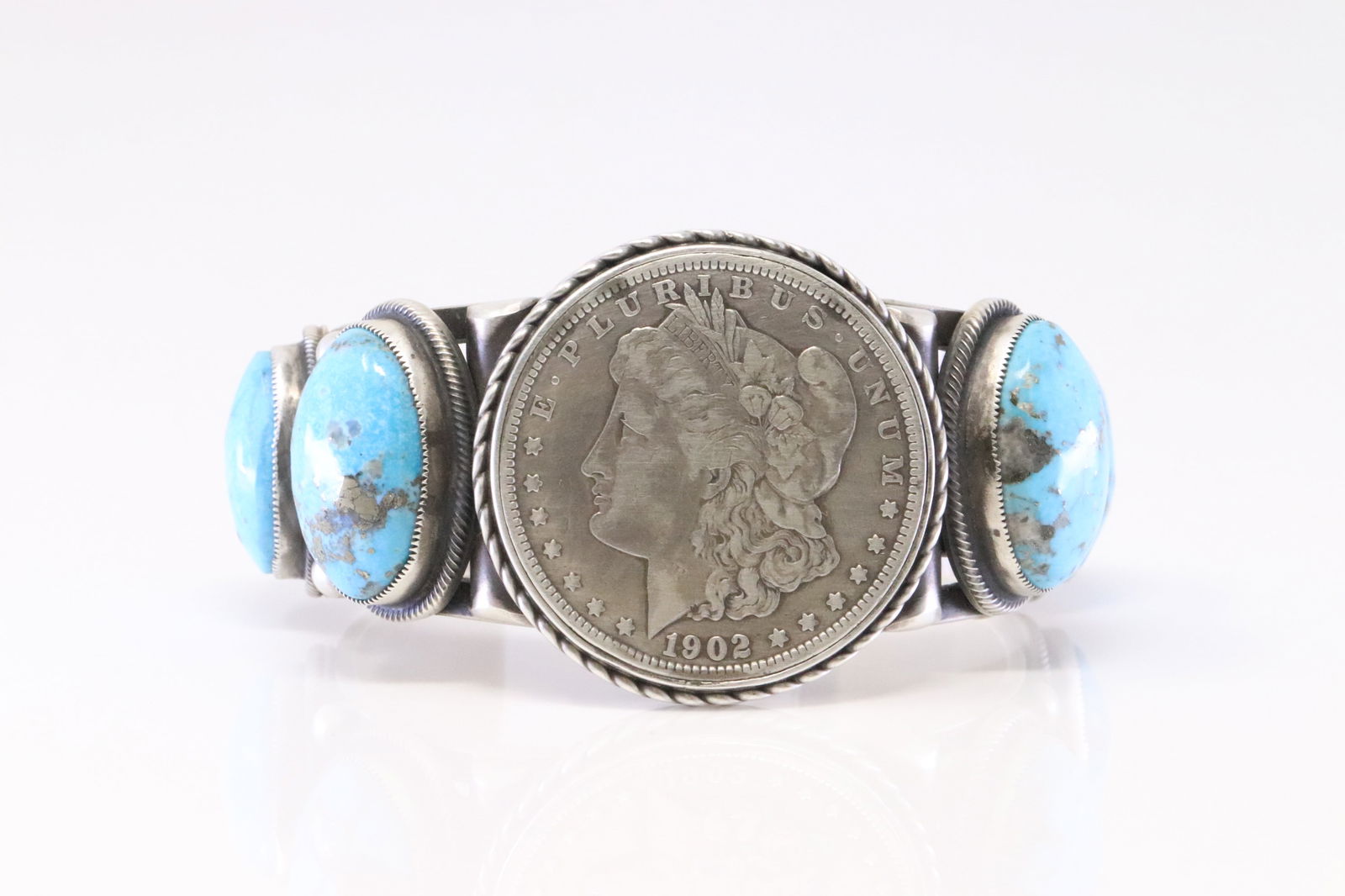 Native America Navajo Sterling Silver Turquoise / 1902 Morgan Dollar Bracelet Cuff By C.MTZ. (1 of 5)