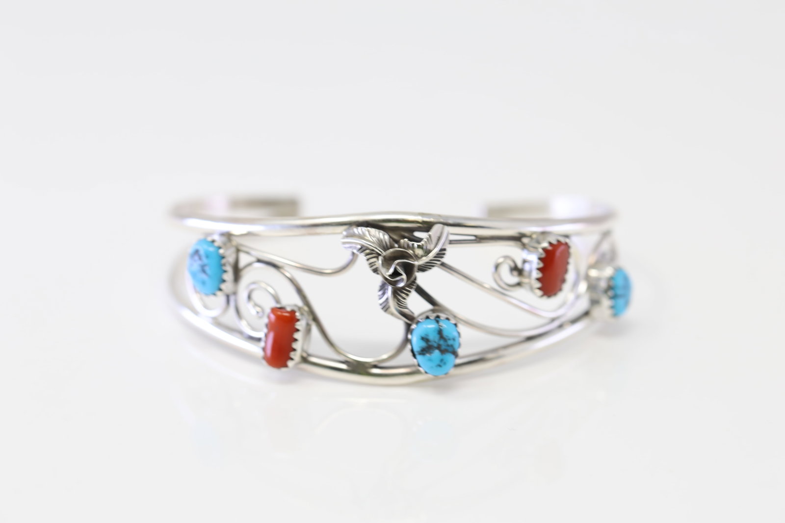 Native America Navajo Sterling Silver Coral & Turquoise Bracelet Cuff By Max C.: This is a Native America Navajo Sterling Silver Coral & Turquoise Bracelet Cuff By Max C.