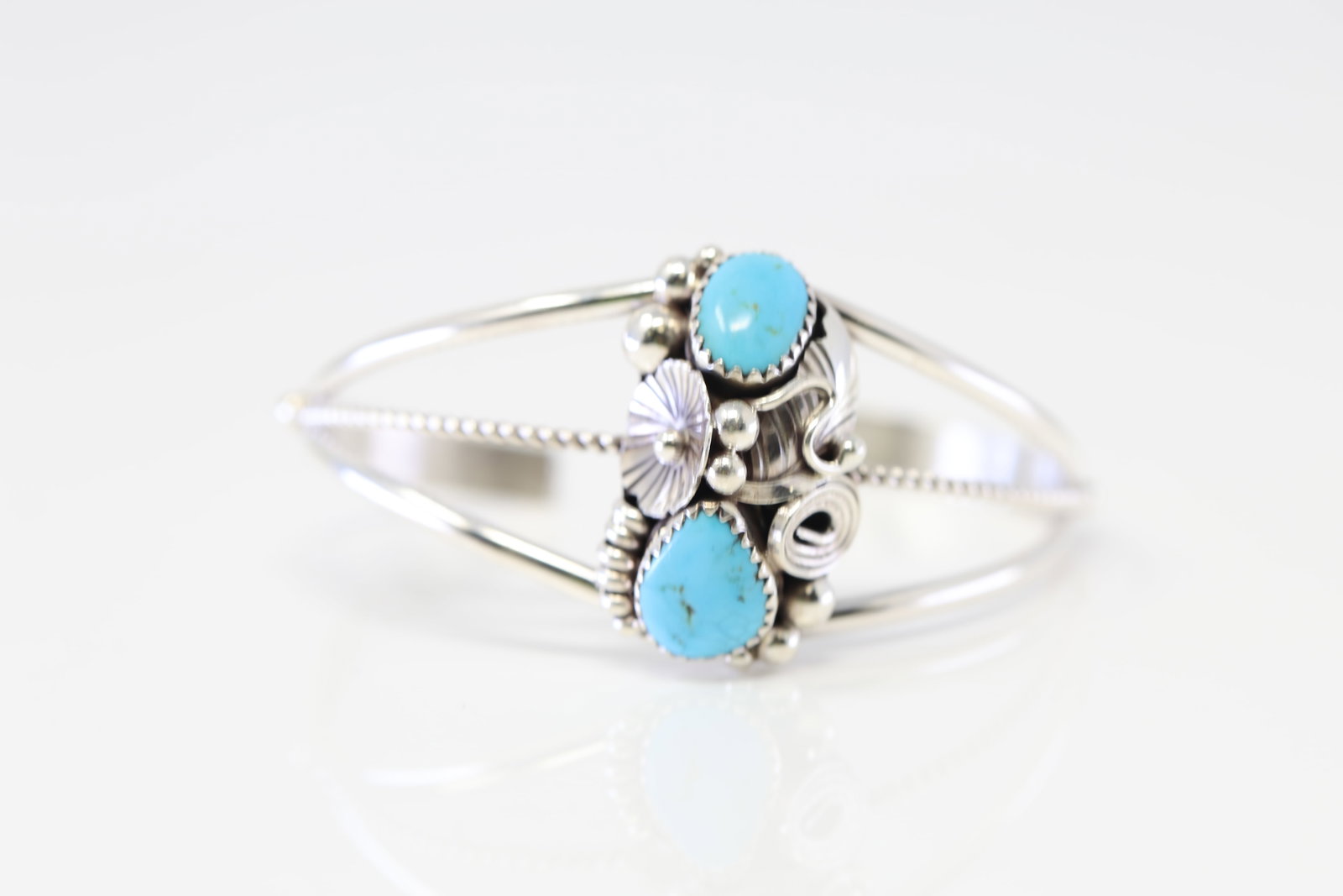 Native America Navajo Sterling Silver Turquoise Bracelet Cuff By Max Calladitto.: This is a Native America Navajo Sterling Silver Turquoise Bracelet Cuff By Max Calladitto.