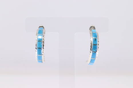 Native America Navajo Sterling Silver Turquoise Inlay Hoop Earring's By Malcolm Chavez.: This is a Native America Navajo Sterling Silver Turquoise Inlay Hoop Earring's By Malcolm Chavez.