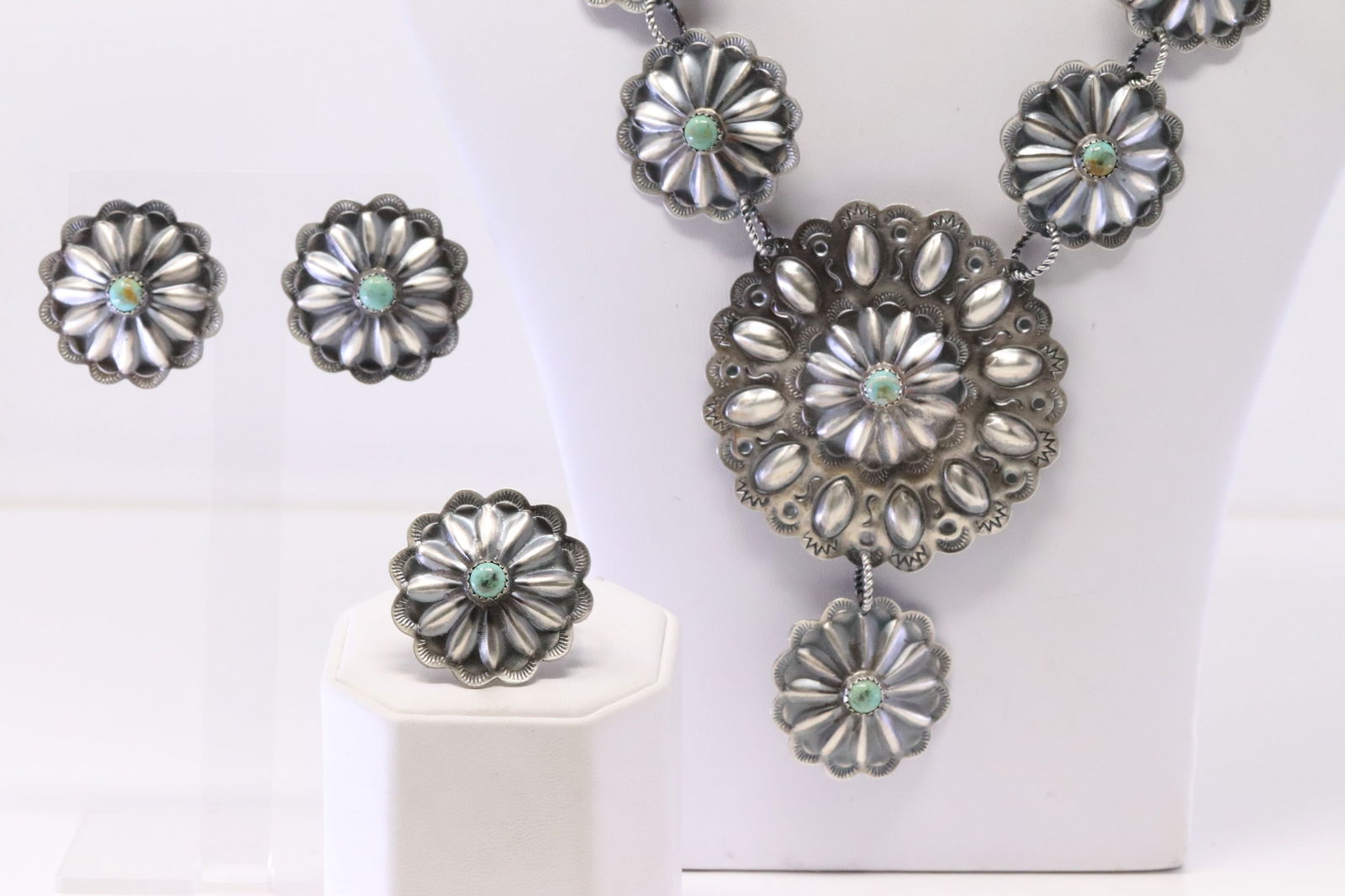 Native America Navajo Sterling Silver Kingman Turquoise Necklace / Ring & Earring's Set By L.J.C. (1 of 8)