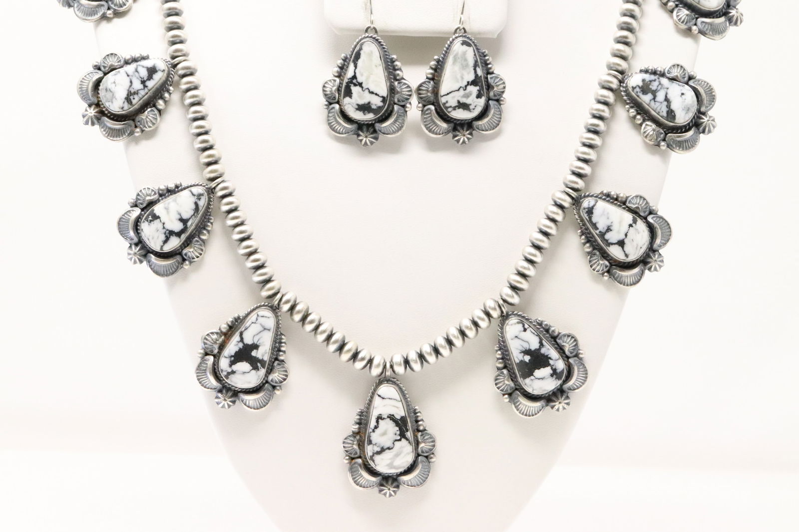 Native America Navajo Sterling Silver White Buffalo Necklace & Earring' Set By R.H.B. (1 of 5)
