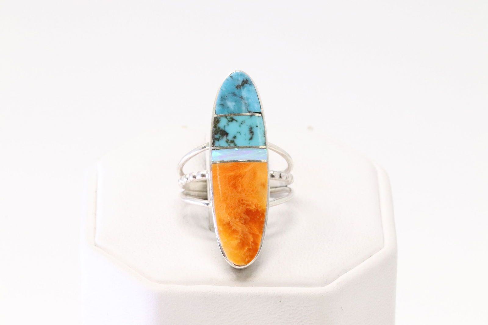 Native America Navajo Sterling Silver Multi-Color Inlay Ring By Smith.: This is a Native America Navajo Sterling Silver Multi-Color Inlay Ring By Smith. Ring size: 7.75.