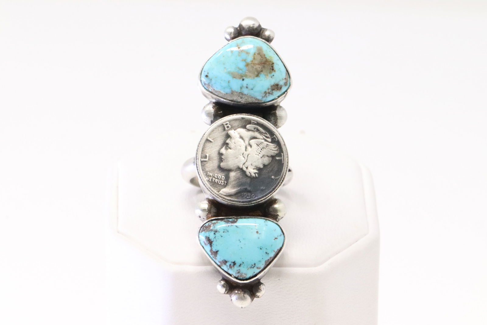Native America Navajo Sterling Silver Turquoise Dime Ring By Robert Shakey. (1 of 4)