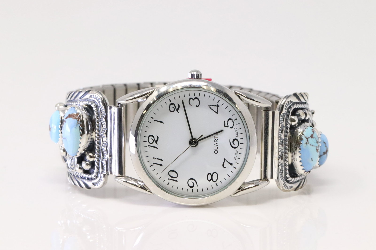 Native America Navajo Sterling Silver Golden Hills Turquoise Watch By C.F.: This is a Native America Navajo Sterling Silver Golden Hills Turquoise Watch By C.F.