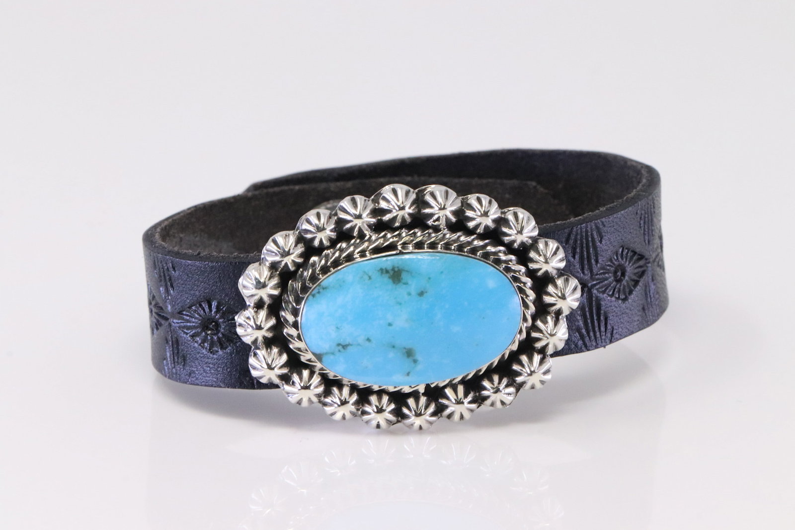 Native America Navajo Sterling Silver Turquoise Leather Bracelet By Suzanna Johnson.: This is a Native America Navajo Sterling Silver Turquoise Leather Bracelet By Suzanna Johnson.
