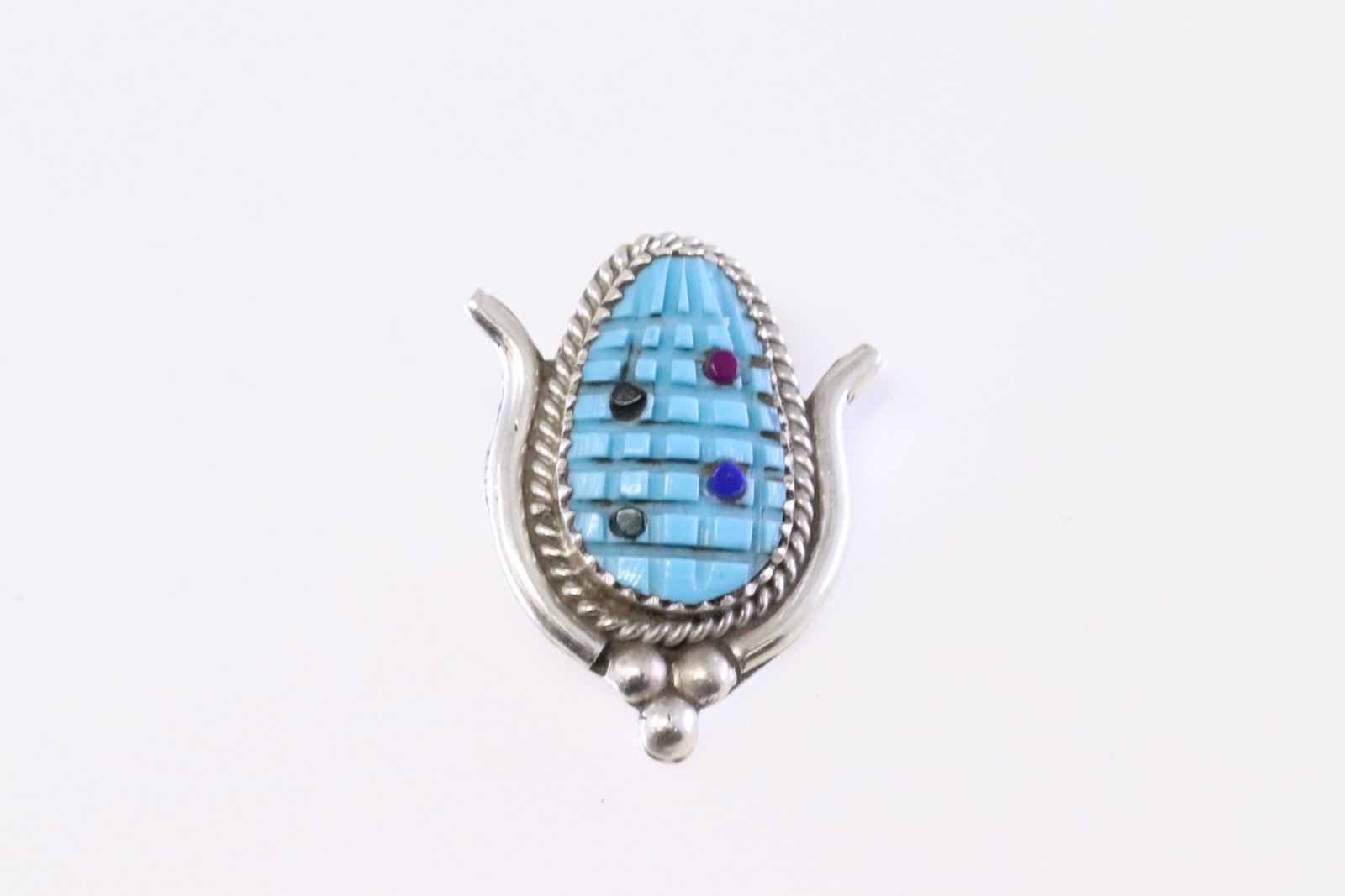 Native America Zuni Sterling Silver Turquoise Corn Pendant By Tracy Bowekaty.: Thisis a Native America Zuni Sterling Silver Turquoise Corn Pendant By Tracy Bowekaty.