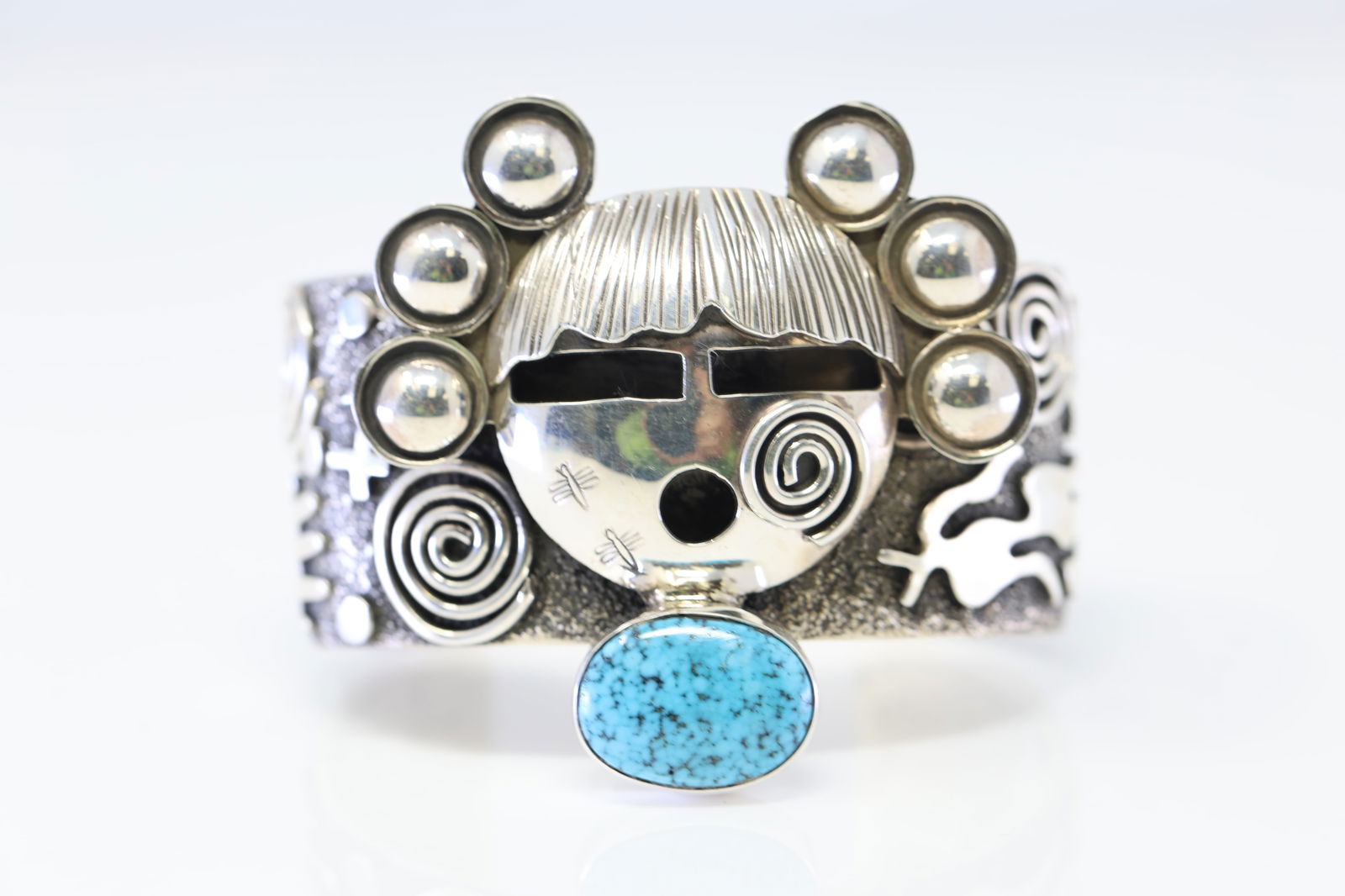 Native America Navajo Sterling Silver Petroglyph Turquoise Bracelet Cuff By Alex Sanchez. (1 of 5)