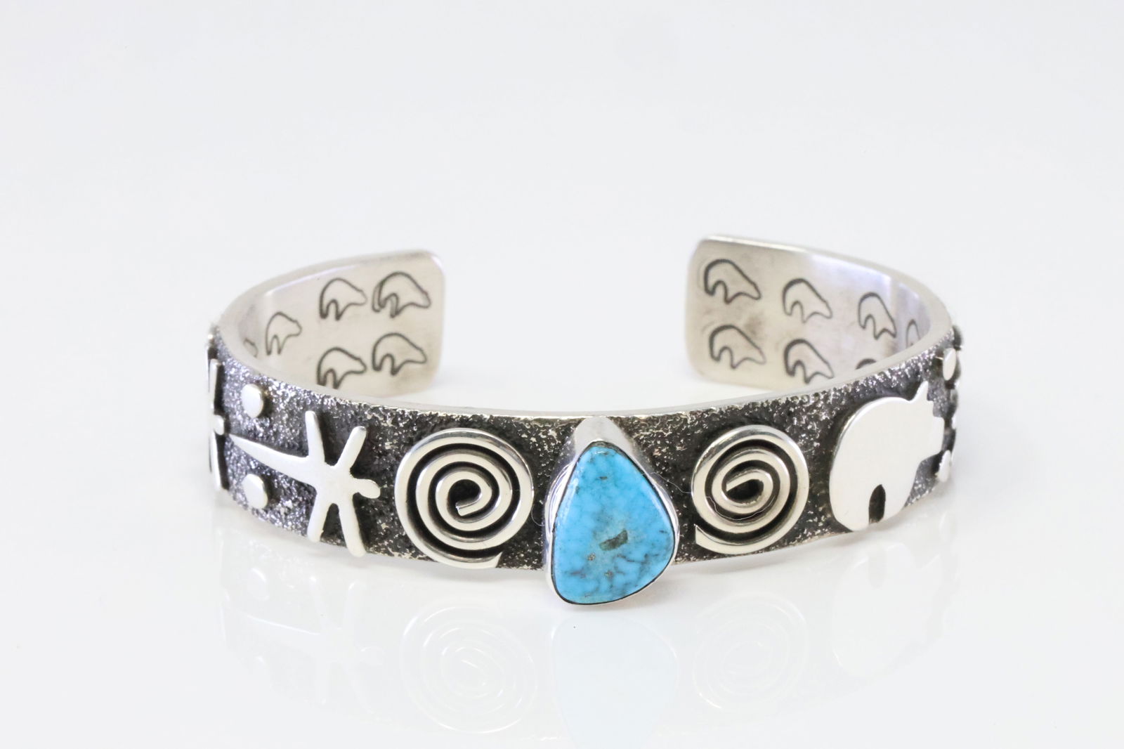 Native America Navajo Sterling Silver Turquoise Petroglyph Bracelet Cuff By Alex Sanchez. (1 of 4)