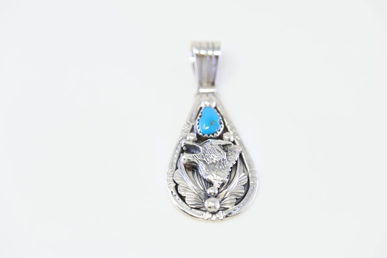 Native America Navajo Sterling Silver Turquoise Wolf Pendant By Henry Attakai.: This is a Native America Navajo Sterling Silver Turquoise Wolf Pendant By Henry Attakai.