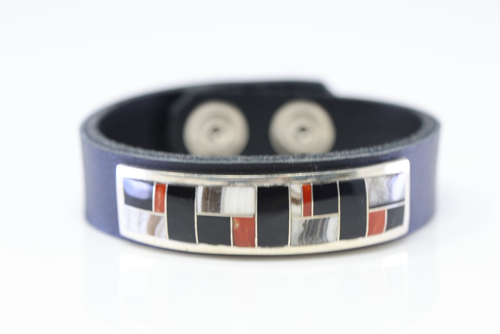 Native America Navajo Sterling Silver Multi-Color Stone Leather Bracelet By Edison Yazzie.: This is a Native America Navajo Sterling Silver Multi-Color Stone Leather Bracelet By Edison Yazzie.