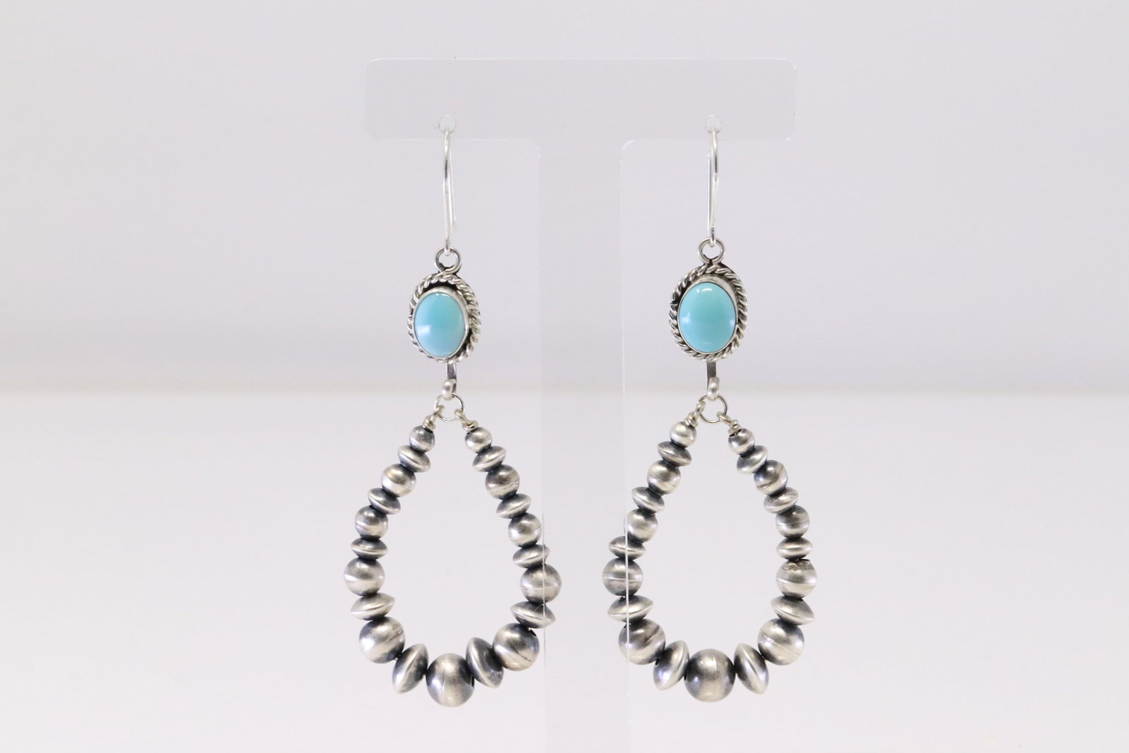 Native America Navajo Sterling Silver Turquoise / Pearl Beaded Dangling Earring's By Grace Kenneth.: This is a Native America Navajo Sterling Silver Turquoise / Pearl Beaded Dangling Earring's By Grace Kenneth.