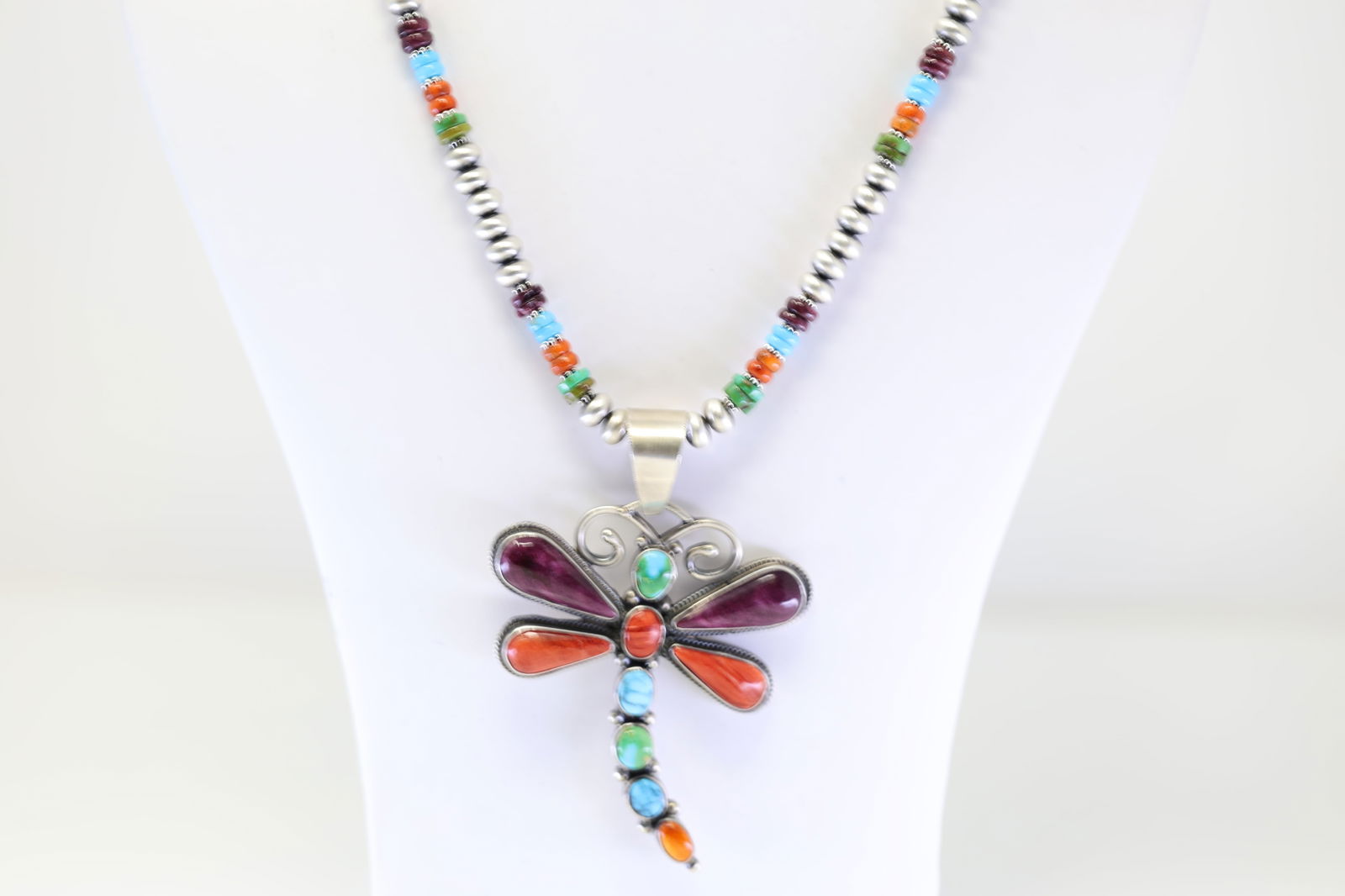 Native America Navajo Sterling Silver Multi-Color Spiny & Turquoise Dragonfly Necklace By Thomas (1 of 4)