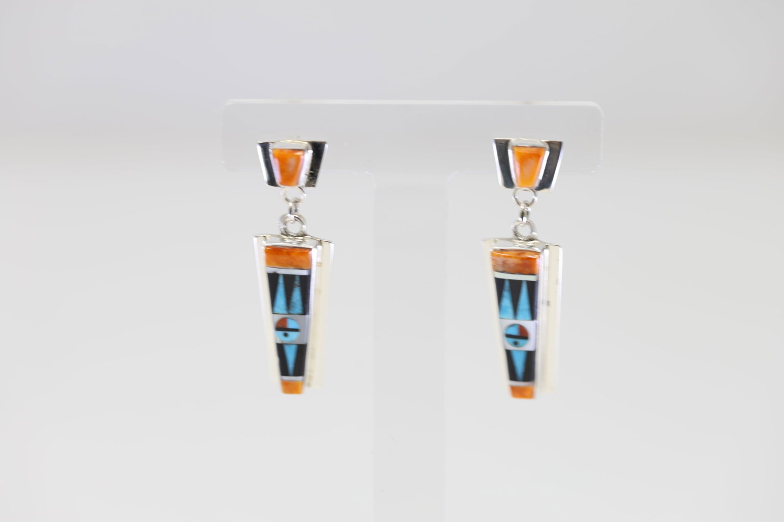 Native America Zuni Sterling Silver Multi-Color Inlay Post / Dangling Earring's By Ray & Patty: This is a Native America Zuni Sterling Silver Multi-Color Inlay Post / Dangling Earring's By Ray & Patty Edaakie.