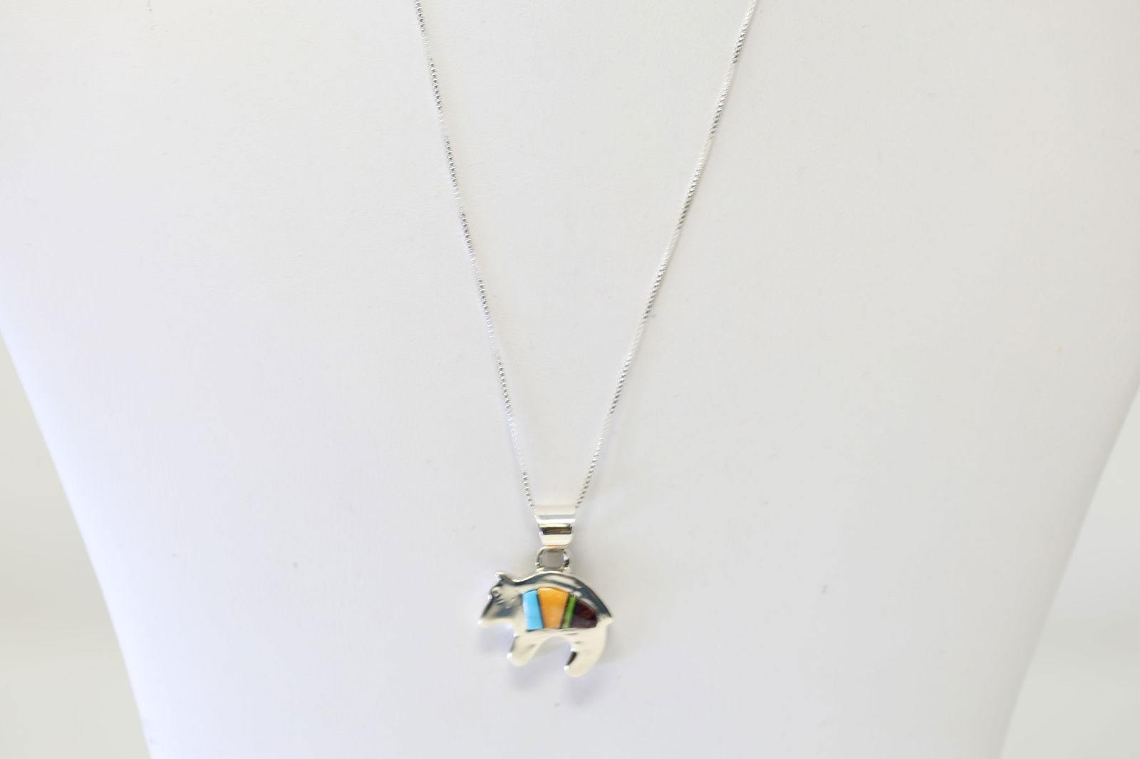 Native American Navajo Sterling Silver Multi-Color Bear Pendant & A 925 Necklace. (1 of 4)