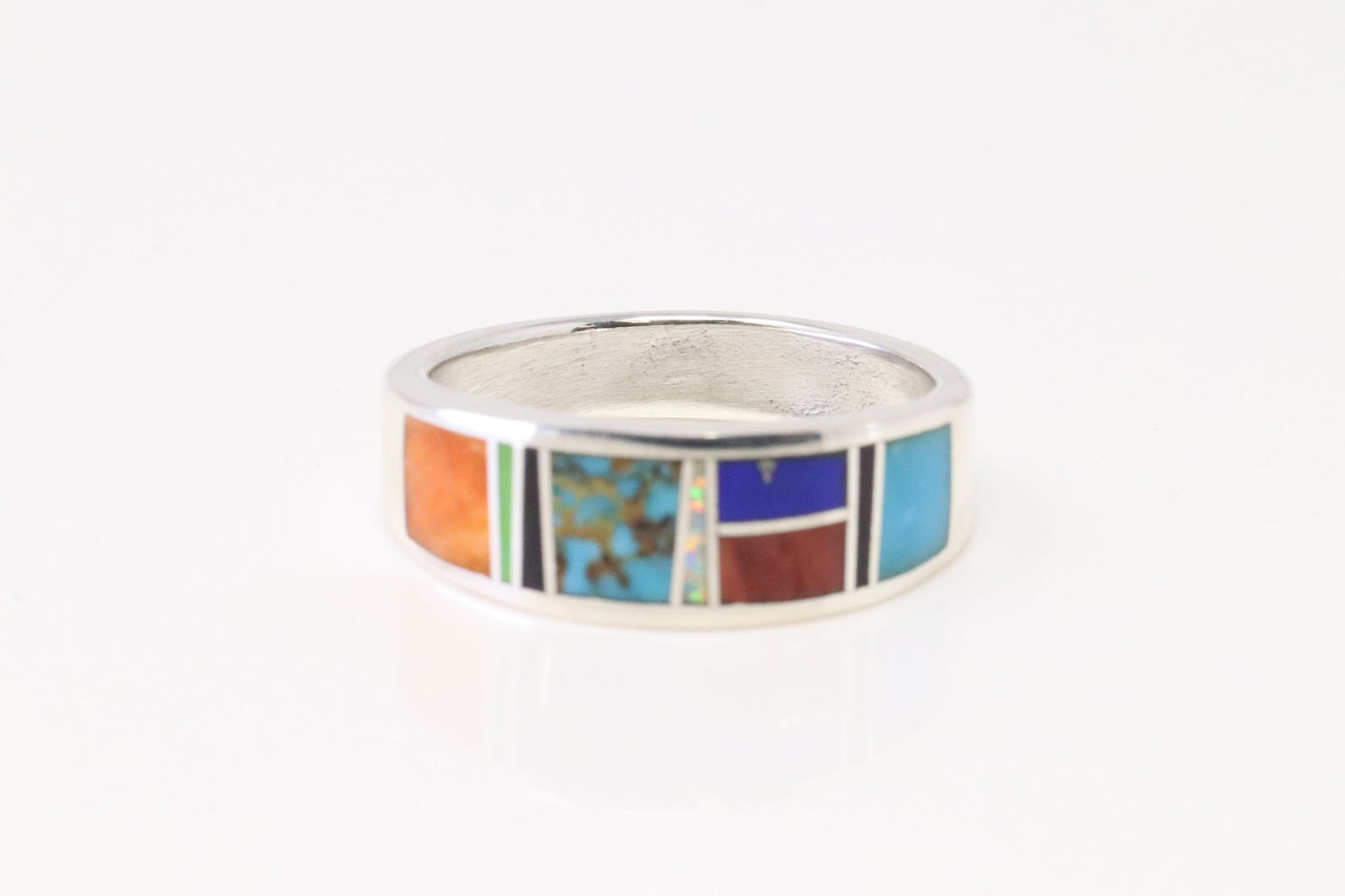 Native America Navajo Sterling Silver Multi-Color Inlay Ring By A.T. (1 of 4)