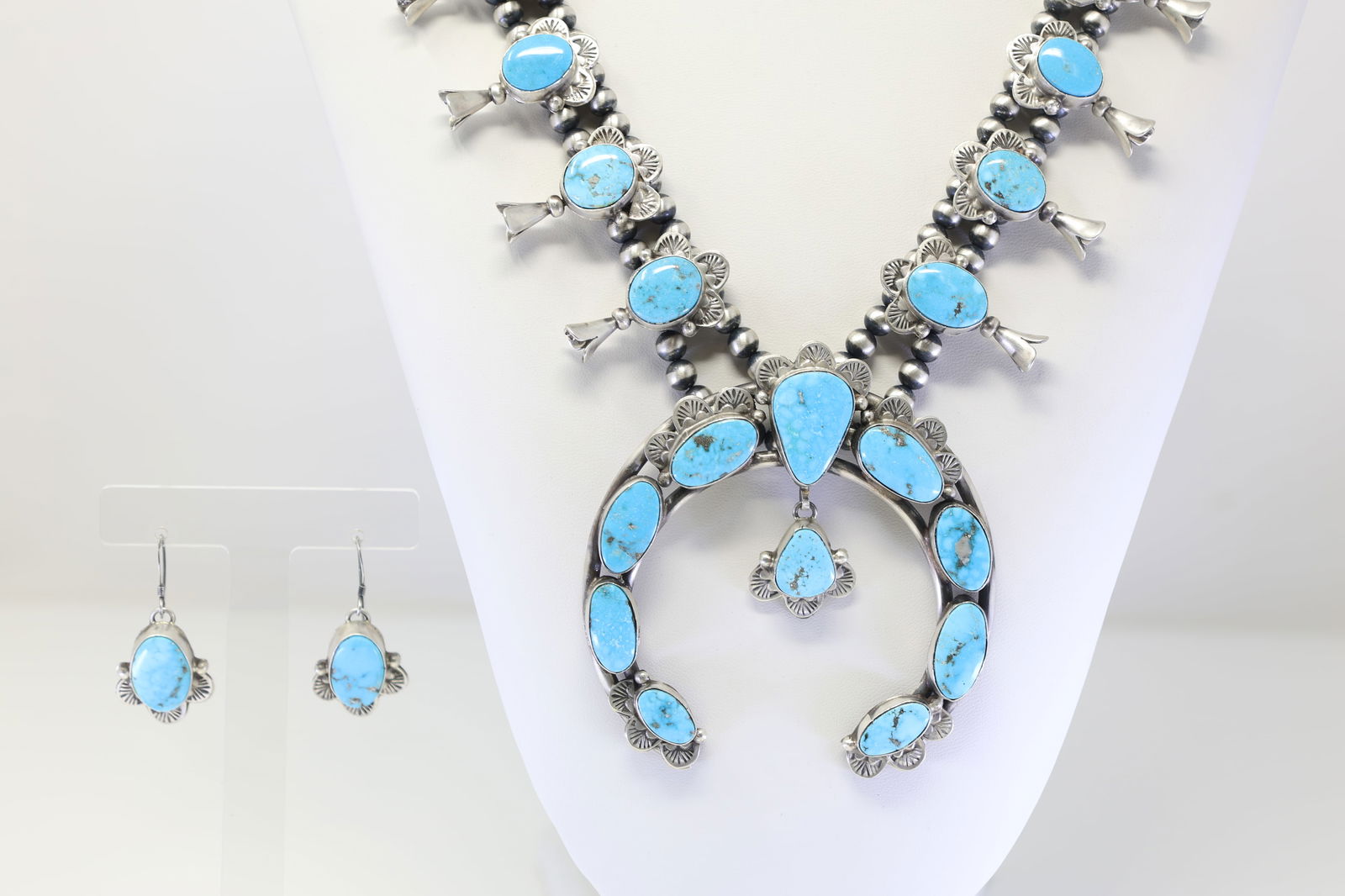 Native American Navajo Sterling Silver Turquoise Squash Blossom Necklace & Earring's Set By Kee-J. (1 of 9)