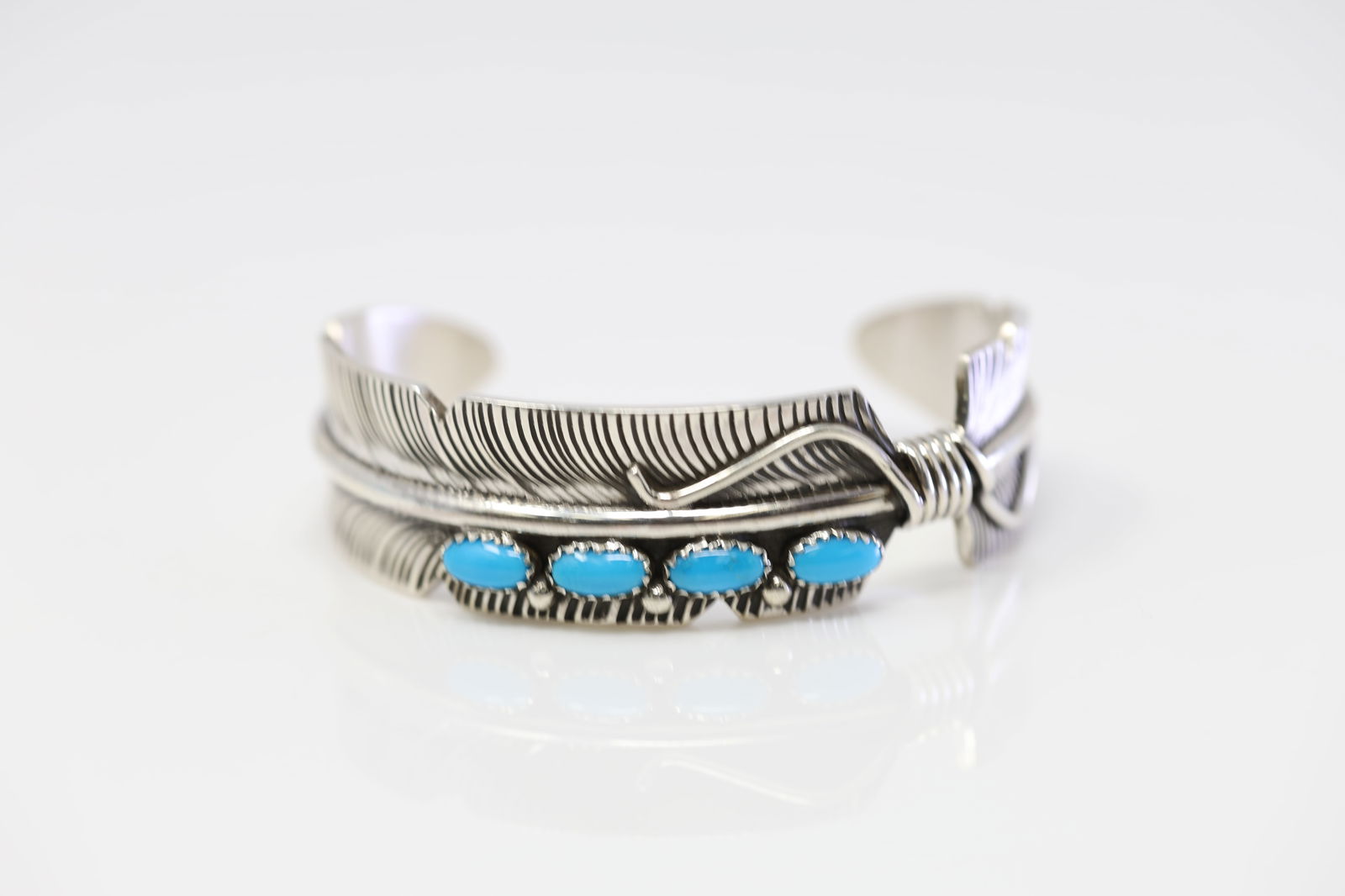 Native America Navajo Sterling Silver Turquoise Feather Bracelet Cuff By Chris Charley. (1 of 4)